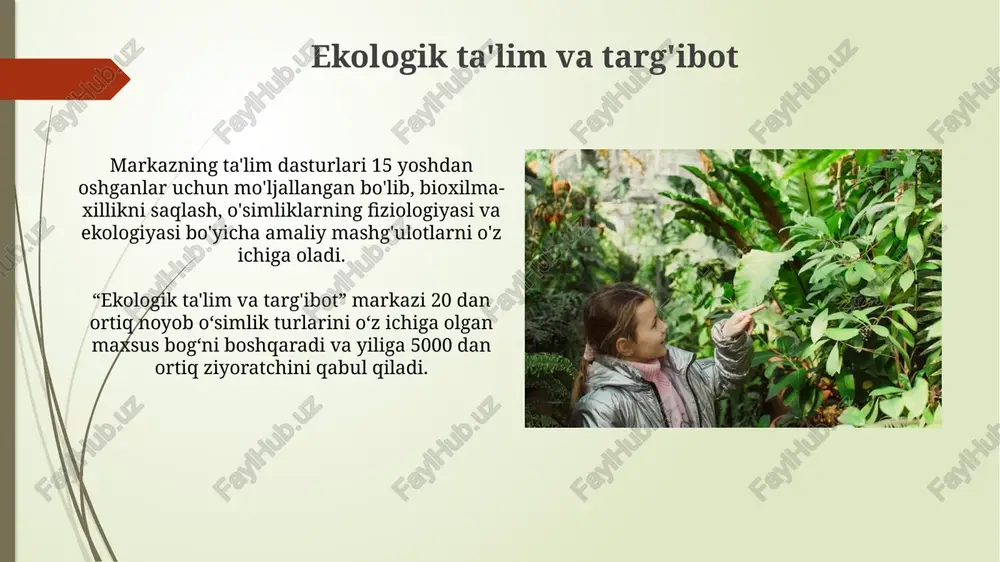 lishi, nodir o'simliklarning 25% ga yaqinining populyatsiyasini kamaytiradi va genetik xilma-xillikni pasaytiradi. iqlim o'zgarishi, ayniqsa, qurg'oqchilik va haddan tashqari issiqlik, nodir o'simliklarning o'sishini va ko'payishini sezilarli darajada, 15-20% ga qadar cheklaydi. nodir o'simlik turlari haqida umumiy ma'lumot ba'zi noyob oʻsimliklar faqat ma'lum bir geografik hududda, masalan, 100 km² dan kam maydonda oʻsadi va ularning populyatsiyasi 1000 dan kam. nodir oʻsimlik turlarining 30% dan ortigʻi qizil kitobga kiritilgan boʻlib, ularning mavjudligi ekologik muvozanat uchun juda muhim ahamiyatga ega. e'tiboringiz uchun rahmat @taqdimot_robot image1.jpg image2.jpg image3.jpg image4.jpg image5.jpg image6.jpg image7.jpg image8.jpg image9.jpg image10.jpg image11.jpg image12.jpg image13.jpg image14.jpg image15.jpg image16.jpg image17.jpg