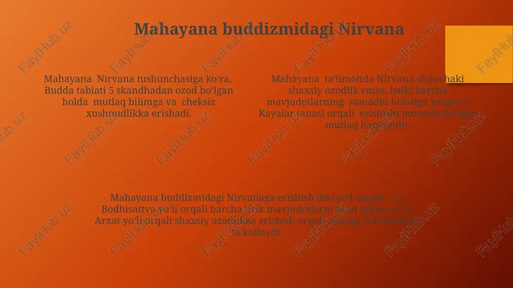 anligini ta’kidlaydi. nirvana tushunchasida 8ta o‘ng yo‘lning 4ta aqliy va 4ta axloqiy bo‘limlarga bo‘linishi, bu 8ta yo‘lning orqali samsaradan ozod bo‘lish mumkinligi ta’kidlanadi. nirvana, budda ta’limotida samsaraning yakunlanishi, ya’ni qayta tug‘ilish tsiklining to‘xtashi va azob-uqubatlardan butunlay ozod bo‘lish holati sifatida tasvirlanadi, uning 3ta asosiy xarakteristikasi mavjud. nirvana: azob-uqubatlardan ozod bo'lish nirvana, buddist falsafasida 8-yo'lning yakuniy maqsadi bo'lib, samsara aylanishidan – 6 ta tuyg'u organlarining azoblaridan butunlay ozodlikni anglatadi. nirvana, buddizmda 3 ta tananing (kayfa, ruppa va aruppa) cheklanmagan va cheksiz bo'lishini ifodalab, barcha azob-uqubatlardan, shu jumladan, 5 ta yomonlikdan xalos bo'lishni bildiradi. nirvana holatini 4ta asosiy haqiqatni to'liq anglash orqali, ya'ni dukkha, samudaya, nirodha va magga yo'llarini to'liq egallabgina erishish mumkin. nirvana: tinchlik va xotirjamlik holati nirvana holatiga yetish uchun 4 ta olijanob haqiqatni chuqur anglash va ularga amal qilish, ya’ni 8 yo'lni kuzatish orqali 5 ta yig'ilishdan xalos bo'lish kerak. nirvana, buddist falsafasida 8 yo'l orqali erishiladigan 3 ta …