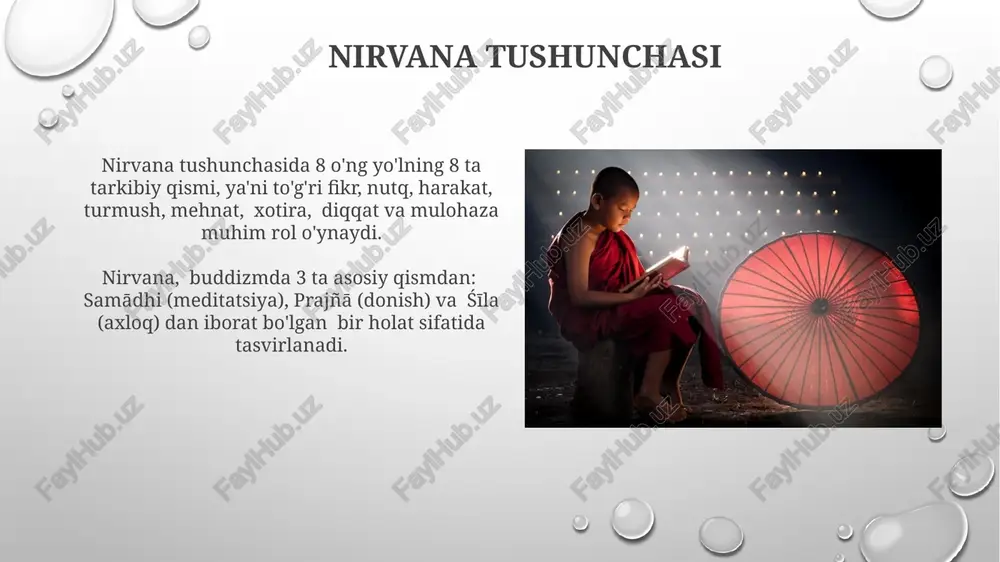 unyoviy azob-uqubatlardan – azob, o‘zgarish va noto‘liqlikdan ozodlikni ifodalaydi. nirvana, o‘limdan keyingi holat sifatida emas, balki hayot davomida erishiladigan ruhiy holat sifatida tushuniladi; bu 5 skandha (tanasi, hissi, idrok, shaxsi va ong) dan ozodlikdir. nirvana va qayta tug'ilish qayta tug'ilish siklidan chiqish (samsara) va nirvana o'rtasidagi farq, birinchisi azob-uqubatlar tsiklini, ikkinchisi esa butunlay tinchlik va ozodlikni anglatadi. nirvana holatiga erishish uchun 8 ta to'g'ri yo'l (arya ashta anga) bajarilishi, ya'ni axloqiy, ruhiy va aqliy tarbiya jarayonlaridan o'tish talab etiladi. e'tiboringiz uchun rahmat @taqdimot_robot image3.png image4.jpg image5.jpg image6.jpg image7.jpg image8.jpg image9.jpg image10.jpg image11.jpg image12.jpg image13.jpg image14.jpg image15.jpg image16.jpg image17.jpg image18.jpg image19.jpg image20.jpg image1.png
