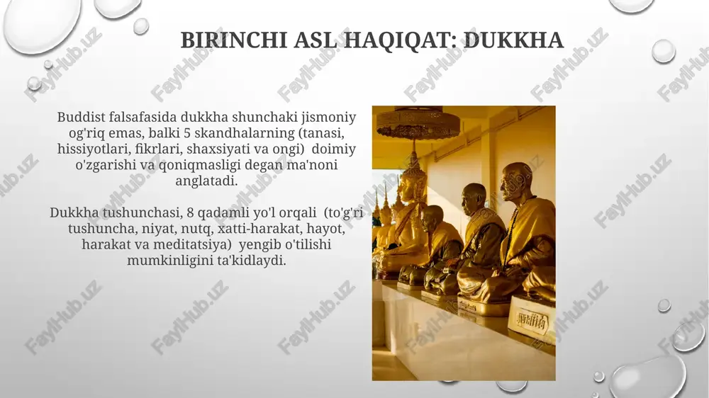 i, bu jarayon yillar davom etishi mumkin. nirvana va maqsad nirvana holatiga erishish uchun meditativ amaliyotlar, 5 skandha ustidan nazorat va 4 ta asosiy haqiqatni chuqur tushunish kabi 7 bosqichdan o'tish zarur. nirvana, budda ta’limotida, 8 yo‘lning yakuniy maqsadi bo‘lib, samsara aylanish tsiklidan 100% ozodlikni ifodalaydi. e'tiboringiz uchun rahmat @taqdimot_robot image3.png image4.jpg image5.jpg image6.jpg image7.jpg image8.jpg image9.jpg image10.jpg image11.jpg image12.jpg image13.jpg image14.jpg image15.jpg image16.jpg image17.jpg image18.jpg image19.jpg image20.jpg image1.png