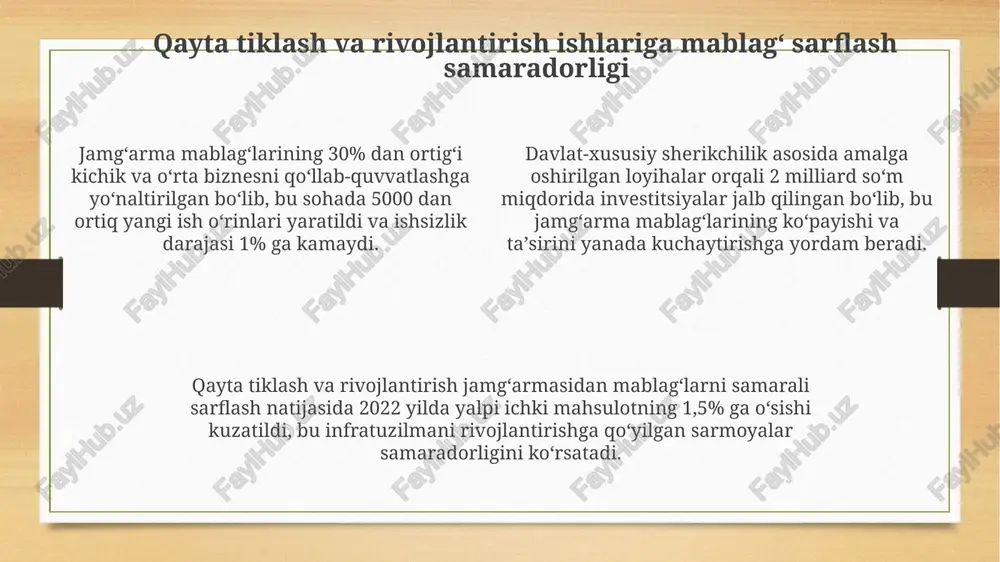 i va sarflanishi qatʼiy nazorat qilinadi. jamgʻarmaning hisobot berish va nazorat tizimi jamg'armaning faoliyatiga doir hisobotlarda 20% dan ortiq mablag'larni ajratish bo'yicha alohida tahlillar, ishlarning samaradorligi va moliyaviy natijalari aks ettiriladi. jamg'arma har chorakda byudjetga oid ma'lumotlarni, shu jumladan, 15 tadan ortiq ko'rsatkichni o'z ichiga olgan hisobot topshiradi va bu hisobotlar moliya vazirligi tomonidan auditorlik tekshiruvidan o'tkaziladi. davlat byudjetidan ajratilgan 5 mln. so'mdan ortiq mablag'lar bo'yicha jamg'arma har oyda monitoring hisobotlarini taqdim etadi va ular oliy majlisga taqdim etiladi. jamgʻarmaning xalqaro hamkorlikdagi roli jamgʻarmaning xalqaro hamkorlikdagi muhim roli – grantlar va texnik yordamlarni jalb qilish orqali 10% dan ortiq investitsiyalarni oshirish va infratuzilmani modernizatsiya qilishdir. xalqaro tajriba almashinuvi dasturlari orqali jamgʻarma 20 dan ziyod mamlakat bilan hamkorlik qilib, innovatsion texnologiyalarni joriy etish va samaradorlikni oshirishga hissa qo'shadi. jamgʻarma xalqaro moliya institutlari, masalan, jahon banki va xalqaro valyuta fondi bilan 5 dan ortiq qoʻshma loyihalarni amalga oshirish orqali milliy iqtisodiyotni rivojlantirishga …