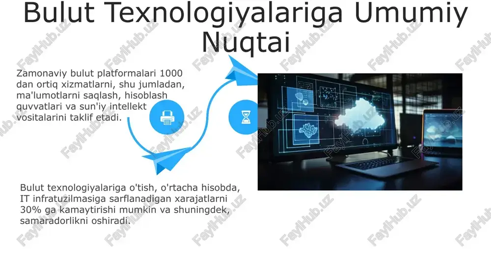 tli o'yinlar bozorining hajmi 2025-yilga kelib 100 milliard dollarga yetishi kutilmoqda, bu esa bulutli infratuzilmaning yuqori darajadagi ishlashini va past kechikishini ta'minlash bo'yicha innovatsiyalarni tezlashtiradi. bulutli texnologiyalarda sun'iy intellektning qo'llanilishi 2023-yilga kelib 30% ga oshdi, bu esa mashinani o'rgatish va katta ma'lumotlarni tahlil qilish kabi yangi xizmatlarni yaratishga olib keldi. bulutli texnologiyalarda sun'iy intellektning qo'llanilishi 2023-yilga kelib 30% ga oshdi, bu esa mashinani o'rgatish va katta ma'lumotlarni tahlil qilish kabi yangi xizmatlarni yaratishga olib keldi. xarajatlarni optimallashtirish bulutli saqlash xizmatlaridan foydalanish orqali ma'lumotlarni saqlashga sarflanadigan xarajatlarni 20-25% ga optimallashtirish, shuningdek, texnik xizmat ko'rsatish xarajatlarini sezilarli darajada kamaytirish mumkin. avtomatlashtirilgan bulutli boshqaruv vositalari yordamida xodimlar sonini 15% ga kamaytirish orqali, ish haqi va boshqa administratsiya xarajatlarini sezilarli darajada tejashga erishish mumkin. bulut texnologiyalarining kamchiliklari ma’lumotlar xavfsizligi masalasi muhim ahamiyatga ega boʻlib, 2023-yil ma’lumotlariga koʻra, bulutli xizmatlar orqali ma’lumotlar oʻgʻirlanishi holatlari 30% ga oshgan. bulut xizmatlariga bogʻliqlik 99,9% ga yaqin ishonchlilikni ta’minlasa …