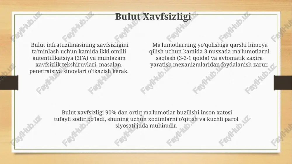 ga asoslangan tizimlar, ma'lumotlarni saqlash va qayta ishlashning samaradorligini 50% gacha oshirishi mumkin. taxminan 70% kompaniyalar bulutli xavfsizlikni ta'minlash uchun ko'p faktorli autentifikatsiya (mfa) va shifrlash kabi xavfsizlik choralari qo'llaydilar. bulut texnologiyalarining 90% dan ortig'i amazon web services (aws), microsoft azure va google cloud platform (gcp) kabi yirik provayderlar tomonidan taqdim etiladi, bu esa bozorning ulkan hajmini ko'rsatadi. bulut migratsiyasi hybrid bulut strategiyasi, ma'lumotlarning 20%ini mahalliy serverlarda, 80%ini esa bulut infratuzilmasida saqlash orqali, xavfsizlik va samaradorlikni muvozanatlash imkonini beradi. bulut migratsiyasi loyihalarining 70% muvaffaqiyatsizligi resurslarni yetarli darajada rejalashtirmaganlik va xavfsizlik masalalariga yetarlicha e'tibor bermaganlik bilan bog'liq. o'rtacha bulut migratsiyasi loyihasi 6 oy davom etadi va 300,000 aqsh dollaridan ortiq xarajatlarni talab qilishi mumkin, bu esa loyiha hajmi va murakkabligiga bog'liq. bulut xizmatlari turlari bulut xizmatlarining 3 asosiy turi mavjud: iaas (infrastructure-as-a-service), paas (platform-as-a-service) va saas (software-as-a-service), ularning har biri turli darajadagi infratuzilma nazoratini taklif etadi. iaas provayderlari, masalan, amazon web …