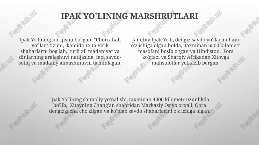 anligi va 100 dan ortiq yirik shaharlarni o'z ichiga olganligi ma'lum. zamonaviy ipak yo'li "bir kamar, bir yo'l" tashabbusi doirasida qurilgan 20000 kilometrdan ziyod temir yo'l liniyalari logistika xarajatlarini sezilarli darajada kamaytirdi, bu esa xalqaro savdoni rag'batlantirdi. zamonaviy ipak yo'li loyihasi doirasida 60 dan ortiq davlat o'rtasida savdo hajmi 2022 yilda 1 trillion aqsh dollaridan oshdi, bu esa global iqtisodiyotga sezilarli ta'sir ko'rsatdi. zamonaviy ipak yo'li bo'ylab transport infratuzilmasining rivojlanishi tufayli yuk tashish muddati 30% ga qisqardi, bu esa ekspeditorlar uchun katta afzallik yaratdi. ipak yo'li va turizm ipak yo'li bo'ylab joylashgan tarixiy shaharlarga tashrif buyuruvchilar soni 2022 yilda 15% ga o'sgan bo'lib, turizm sektorining rivojlanishiga ijobiy ta'sir ko'rsatdi. ipak yo'li turizm yo'nalishlarini diversifikatsiya qilish maqsadida 20 dan ortiq yangi sayyohlik infratuzilmasi loyihalari amalga oshirilmoqda. samarqand va buxoro kabi ipak yo'li shaharlarida 5 yulduzli mehmonxonalar soni 2018 yildan beri 3 baravar ko'paygan, bu esa yuqori darajadagi sayyohlarni jalb qilish imkonini …