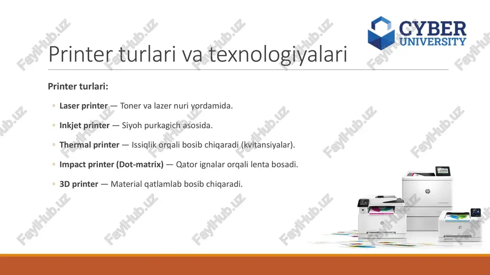 q zaryadi noto‘g‘ri. 7 bosqichli jarayon jadvali bosqich asosiy qismlar tipik voltaj/polis natija keng tarqalgan nosozlik 1 processing formatter, ram — raster sahifa rang/joylash profil xatolari 2 charging pcr, hvps ~-600v drum drum tekis zaryad kulrang fon, notekis zaryad 3 exposing lsu, lazer, polygon yor. joylar: ~-100…- 200v latent rasm oq/chiziqlar, dog‘lar 4 developing developer roller, toner toner manfiy tasvir “tonerlanadi” faded, fon, granular 5 transferring transfer roller/belt musbat tasvir qog‘ozga o‘tadi uzilish, registr xatosi 6 fusing heat & pressure roller ~180–200 °c doimiy yopishish surtma, ajralmaslik 7 cleaning wiper blade, erase neytrallash drum toza ghosting, chiziqlar eslatma: voltajlar/prinsiplar modelga qarab o‘zgarishi mumkin; bu tipik qiymatlar. troubleshooting simptom ehtimoliy sabab yechim (help desk tezkor) kulrang fon pcr/hvps, toner sifati kartujni almashtirish, hvps tekshirish oq vertikal chiziq toner kam/kanal to‘siq kartujni silkiting/almashtiring, lsu tozalash takrorlanuvchi dog‘ (drum aylanish oralig‘ida) drum nuqson kartuj (drum)ni almashtirish surtma/toner qo‘lga yopishadi fuser issiqligi past fuser …