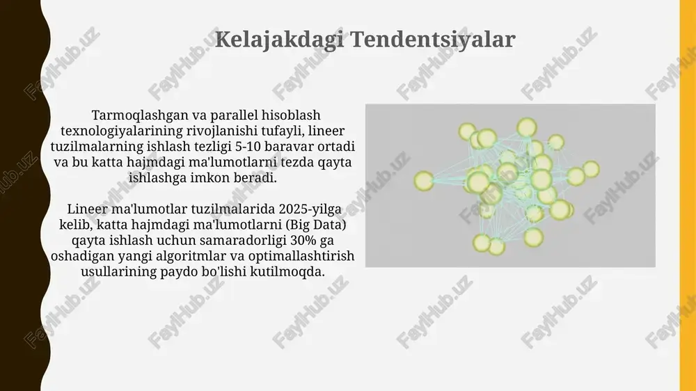 urlar mavjud bo'lib, ularning har biri ma'lumotlarni saqlash va qayta ishlashning o'ziga xos usullariga ega. chiziqli ma'lumotlar tuzilmalari ketma-ket joylashgan elementlardan iborat bo'lib, har bir element faqat bitta to'g'ridan-to'g'ri oldingi va keyingi elementga bog'liq, masalan, 10 ta elementli massiv yoki bog'langan ro'yxat. stacklar steklarni amalga oshirish uchun massivlar yoki bog'langan ro'yxatlar ishlatilishi mumkin. massivlar odatda tezroq kirishni ta'minlaydi, lekin hajmi cheklangan. bog'langan ro'yxatlar esa dinamik o'lchamga ega bo'lib, kerak bo'lganda o'zgarishi mumkin, lekin kirish vaqti biroz sekinroq bo'lishi mumkin steklar lifo (last-in, first-out) printsipiga amal qiladi, ya'ni oxirgi qo'shilgan element birinchi bo'lib chiqariladi. bu xususiyat steklarni funksiya chaqiruvlarini boshqarish yoki qayta ishlash operatsiyalari kabi ma'lumotlarni vaqtincha saqlash uchun juda mos keladi sparse matritsalar sentyab matritsalarni ishlatish hisoblash vaqtiga ta'sir qiladi. katta o'lchamdagi sentyab matritsalar ustida amallar bajarish zich matritsalarga nisbatan tezroq bo'lishi mumkin, lekin ba'zi operatsiyalar uchun murakkab algoritmlar talab qilinishi mumkin. sentyab matritsalarda nol elementlar soni umumiy elementlar sonidan …