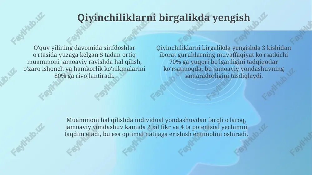 lq-atvori va qiziqishlarini bilish uchun kamida 10 ta savoldan iborat psixologik testlardan foydalanish va natijalarini tahlil qilish tavsiya etiladi. sinfdoshlar orasida o‘zaro munosabatlarni tahlil qilishda ijtimoiy psixologiya va statistik metodlar yordamida kamida 50 nafar o‘quvchini o‘rganish orqali o‘zaro bog‘liqlikni aniqlash mumkin. o'zaro yordam va hamkorlik o'zaro yordam, o'quvchilarning 30% ga yaqinining akademik ko'rsatkichlarini 15-20% ga oshirishi mumkin, chunki jamoaviy ishlar muammolarni yechish qobiliyatini rivojlantiradi. hamkorlikda bajarilgan 5 tadan ortiq loyihalar, talabalarning muloqot va jamoada ishlash ko'nikmalarini sezilarli darajada, taxminan 25% ga yaxshilaydi. sinfdoshlararo yordam tizimi, o'quvchilarning stress darajasini 10-15 ballga kamaytiradi (100 balllik shkalada), chunki ular o'z muammolarini birgalikda hal qilishadi. sinfdoshlarning turli xil xususiyatlari sinfdagi 25 nafar o'quvchidan kamida 10 nafari o'ziga xos o'rganish uslubiga ega, bu esa individual yondashuvni talab qiladi, jumladan, vizual, auditoriy va kinestetik uslublar. sinfdoshlar o'rtasida 30% ga yaqin o'xshash qiziqishlar, masalan, sport yoki musiqa, kuzatilishi mumkin, qolgan 70% esa individual farqlarni aks ettiradi. o'quv …