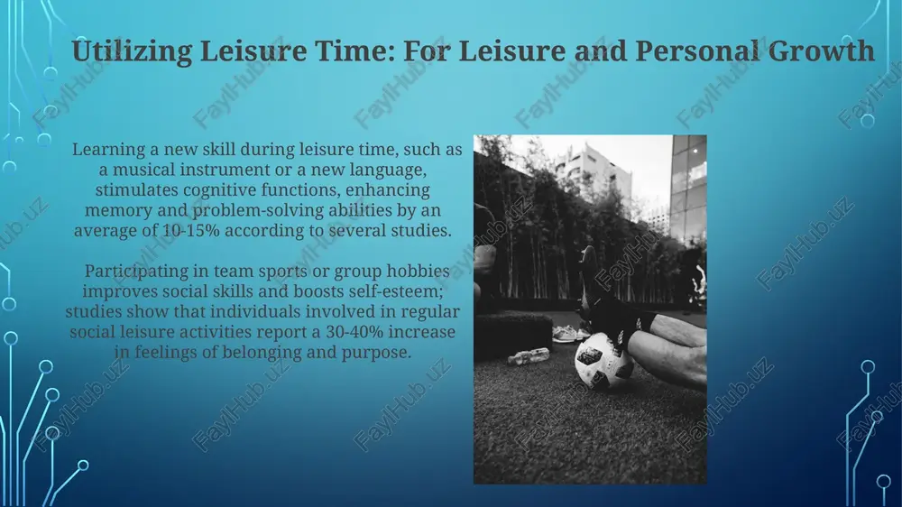 e pursuits at these centres. the leisure industry, a multi-billion dollar sector globally, reflects and shapes cultural trends, impacting fashion (leisure wear), entertainment preferences, and even technological advancements designed for leisure time activities. the impact of technology on leisure digital gaming, a $200 billion industry, has fundamentally reshaped leisure, offering immersive experiences and fostering global online communities exceeding 3 billion active users, impacting social interaction and individual time allocation. streaming services provide on-demand access to over 100,000 hours of entertainment, dramatically altering television viewing habits, resulting in a significant decline in traditional broadcast viewership and a rise in personalized leisure choices. thank you for your attention @taqdimot_robot image3.jpg image4.jpg image5.jpg image6.jpg image7.jpg image8.jpg image9.jpg image10.jpg image11.jpg image12.jpg image13.jpg image14.jpg image15.jpg image2.png