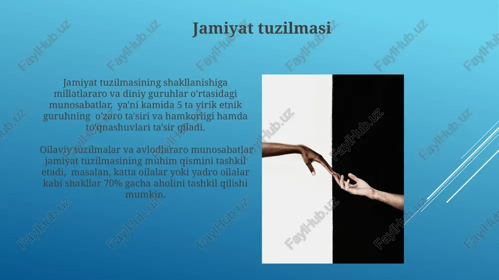 tiqodlarning ta'siri an'anaviy qadriyatlar va e'tiqodlar, 3 avloddan ortiq davom etayotgan urf-odatlar orqali, ijtimoiy normani shakllantirishda va axloqiy me'yorlarni belgilashda muhim rol o'ynaydi. din va e'tiqodlar, jamiyatning 70% dan ortiq a'zolarining hayot tarzini, shu jumladan, oilaviy munosabatlar, ta'lim va ishga joylashish kabi muhim sohalarini belgilaydi. kiyim-kechak va bezaklar erkaklar kiyimlarida, masalan, 15 asrdan beri qoʻllaniladigan "chapan" kabi anʼanaviy kiyimlar bugungi kungacha oʻzining mashhurligini saqlab kelmoqda va koʻpincha bayramlar va tantanali marosimlarda kiyiladi. kiyim-kechak va bezaklarning 50 dan ortiq turi mavjud boʻlib, ularning har biri maʼlum bir mintaqa yoki etnik guruhga xosdir. masalan, qoraqalpoq xalqining milliy kiyimlari oʻziga xos naqshlari bilan ajralib turadi. e'tiboringiz uchun rahmat @taqdimot_robot image1.jpg image2.jpg image3.jpg image4.jpg image5.jpg image6.jpg image7.jpg image8.jpg image9.jpg image10.jpg image11.jpg image12.jpg image13.jpg image14.jpg image15.jpg image16.jpg image17.jpg