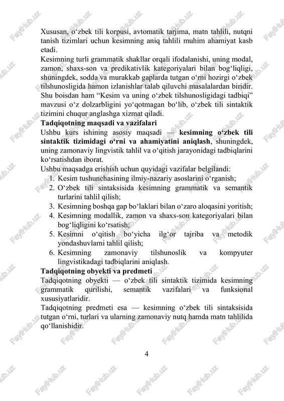 matnlarda qo‘llanish holatlari bo‘yicha bir qator tadqiqotlar amalga oshirilmoqda. ammo hali kesimning zamonaviy o‘qitish metodikasidagi o‘rni, lingvistik texnologiyalar va korpus tahlilida qo‘llanishi masalalari yetarlicha ishlab chiqilmagan. shu jihatdan mazkur mavzu hozirgi tilshunoslik uchun dolzarb ilmiy ahamiyatga ega. o‘zbek tilshunosligida kesim masalasi uzoq tarixga ega. bu sohada akademik a. g‘ulomov, m. mirtojiyev, a. hojiyev, r. rasulov, m. madrahimov, x. doniyorov singari olimlar tomonidan chuqur tadqiqotlar olib borilgan. ularning ishlari o‘zbek tili sintaksisining shakllanishida, ayniqsa kesim va predikativlik munosabatlarini yoritishda muhim rol o‘ynagan. shuningdek, rus va g‘arb tilshunosligidagi a. shaxmatov, l. tesnière, noam chomsky kabi olimlarning predikativlik va sintaktik tuzilma haqidagi nazariyalari ham o‘zbek tili tadqiqotlariga nazariy asos bo‘lib xizmat qilgan. 5 i bob. kesim haqidagi nazariy talimotlar 1.1. tilshunoslikda kesim tushunchasining shakllanishi va tadqiq tarixi tilshunoslikda kesim — gapning markaziy bo‘lagi sifatida qadimdan o‘rganib kelingan sintaktik birlikdir. u subyektning (ega) ma’lum bir harakat, holat yoki belgisi haqidagi hukmni ifodalaydi. kesim orqali …