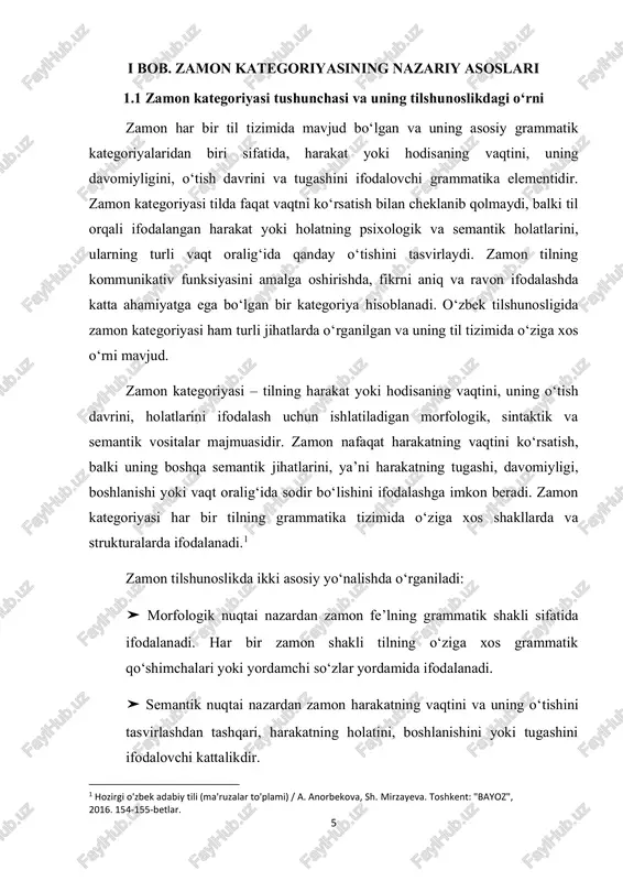 uchun muhimdir. o‘zbek tilida zamonning morfologik shakllari quyidagilardir: ➤ hozirgi zamon (harakat hozirgi vaqtda sodir bo‘lyapti): “men ishlayapman”. ➤ o‘tgan zamon (harakat o‘tmishda sodir bo‘lgan): “men kitobni o‘qidim”. ➤ kelajak zamon (harakat kelajakda sodir bo‘ladi): “men ertaga ishga boraman”. ➤ davomiy zamon (harakat davom etayotganligini bildiradi): “u o‘qiyotgan edi”. 2. sintaktik o‘rganish zamon kategoriyasining sintaktik jihatlari, ya’ni fe’lning o‘zgartirishlari va zamonning sintaktik joylashuvi, jumlaning ma‘nosini aniq belgilashda muhimdir. o‘zbek tilida, zamonning fe’lni o‘zgartirishi, qo‘shimchalar yordamida amalga oshadi. masalan, “yapman”, “o‘qib turibman” kabi yordamchi fe’llar orqali zamonning aniq shakllari ifodalanadi. 3. semantik o'rganish zamonning semantik jihatlari harakatning vaqtini ifodalashdan tashqari, uning qanday va qachon amalga oshishini, qanday shartlar asosida sodir bo'lishini ham tasvirlaydi. semantik nuqtai nazardan, 7 zamonning o'zgartirilishi va qo‘llanishi harakatning maqsadi va unga nisbatan boshqa xususiyatlarni aniqlaydi. masalan, “men kutaman” (kelajak zamon), “men kutyapman” (hozirgi zamon), “men kutgan edim” (o‘tgan zamon) har biri harakatning vaqtini va uni bajarish shartlarini …