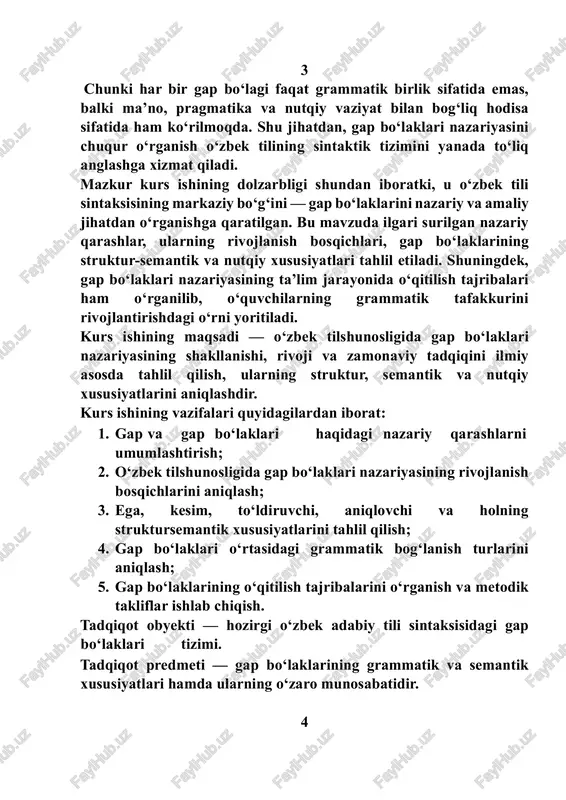 rivojlantirishga doir ishlarida qo‘llanishi mumkin. i bob. gap bo‘laklari haqidagi nazariy talimotlar til sintaksisi inson tafakkurining grammatik tuzilmasini, ya’ni fikrning ifoda shakllarini o‘rganadigan fan sohasi sifatida tilshunoslikda alohida o‘rin tutadi. sintaksisning markaziy obyekti — gap, uning tarkibi va tuzilishini tashkil etuvchi birliklar esa gap bo‘laklari hisoblanadi. gap bo‘laklari tilning grammatik tuzilishida fikrning mantiqiy va semantik aniqligini ta’minlaydigan asosiy unsurlardir. har bir gapda bo‘laklar o‘zaro grammatik va semantik aloqaga kirishib, bir butun mazmunni yuzaga keltiradi. gap bo‘laklarini o‘rganish masalasi o‘zbek tilshunosligida uzoq tarixga ega. xx asr boshlaridan boshlab o‘zbek tili sintaksisining asoschilari fitrat, qayum ramazon, g‘ozi olim yunusov, hamidulla dadaboyev, a. madvaliyev, m. asqarova, sh. rahmatullayev kabi olimlar bu masalaga ilmiy e’tibor qaratganlar. ularning tadqiqotlarida gapning grammatik asoslari, so‘zlarning sintaktik vazifalari, bo‘laklarning shakl va ma’no jihatidan o‘zaro bog‘lanishi izchil tahlil etilgan. gap bo‘laklarining mohiyati va o‘rni gap bo‘laklari — bu gap tarkibidagi grammatik jihatdan mustaqil vazifaga ega, boshqa bo‘lak bilan sintaktik …