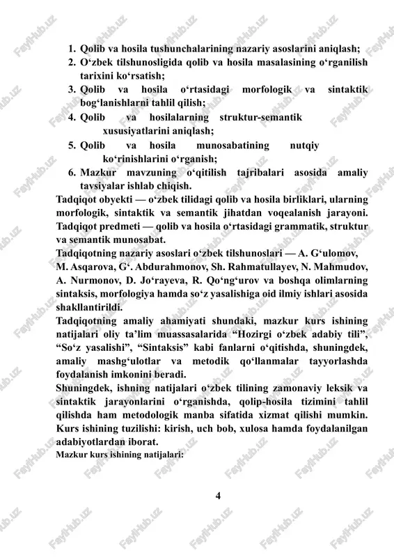 gi muayyan struktur- grammatik tuzilma — ya’ni so‘z, so‘z birikmasi yoki gap hosil bo‘lishi uchun zarur bo‘lgan umumiy sxema tushuniladi. “hosila” esa ana shu qolip asosida yaratilgan konkret birlikni anglatadi. o‘zbek tilshunosligida qolib tushunchasi, avvalo, so‘z yasalish va sintaktik birliklarning struktur asosini ifodalashda qo‘llaniladi. masalan, so‘z yasalish qolipi so‘z yasovchi morfemalarning o‘zaro bog‘lanish shaklini ko‘rsatsa, gap qolipi esa so‘zlarning grammatik aloqasi va tartibini belgilaydi. shu tarzda hosila birliklar — yangi so‘zlar, iboralar yoki gaplar — ana shu qolip asosida vujudga keladi. qoliblar tildagi umumiylikni, hosilalar esa individuallikni ifodalaydi. qoliblar til tizimining imkoniyat darajasidagi unsurlari bo‘lsa, hosilalar uning real nutqiy voqealanishidir. tilshunoslikda bu hodisa “qolip–hosila” yoki “model–variant” munosabati sifatida o‘rganiladi. bunda qolib — tilning normativ, sistemaviy tomonini, hosila esa uning funksional, kommunikativ tomonini ifodalaydi. tilshunos olima m. asqarova fikricha, qoliblar til tizimining “ichki mexanizmini” tashkil etib, ularning o‘zgarish jarayoni tilning rivojlanish dinamikasini belgilaydi. a. g‘ulomov esa hosila birliklarni “qolip asosidagi ijodiy …