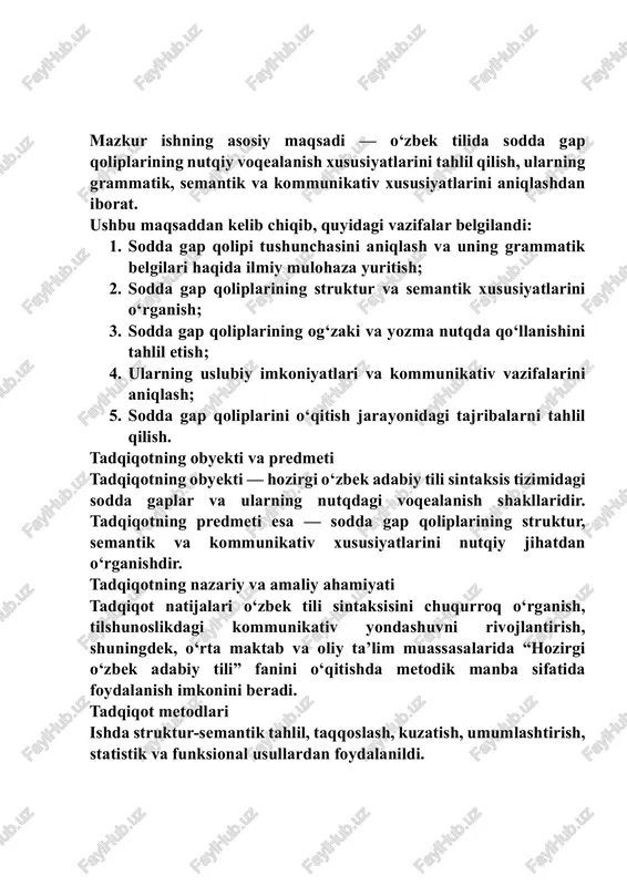 sodda gap har qanday murakkab gapning tarkibiy asosi, ya’ni sintaktik poydevoridir. til tizimida sodda gaplarning o‘rni beqiyosdir, chunki ularning yordamida inson fikrining eng sodda shakli ifodalanadi. shuningdek, sodda gaplar tildagi kommunikativ birlik sifatida nutq jarayonida faol ishlatiladi. bu ularning nafaqat grammatik, balki funksional va kommunikativ mohiyatini ham belgilaydi. sodda gaplarning sintaktik tabiatini o‘rganish, ularning struktur va semantik tuzilishini tahlil qilish o‘zbek tili grammatik tizimini yanada chuqurroq anglash, shuningdek, nutq madaniyatini rivojlantirish uchun muhim nazariy asos bo‘lib xizmat qiladi. 5 i bob. sodda gap haqidagi nazariy talimotlar 1.1. sodda gap tushunchasi va uning sintaktik tabiati tilshunoslikda gap — til tizimining eng yuqori sintaktik sathi hisoblanadi. gap orqali inson tafakkuri, voqelik haqidagi fikri, hissiy munosabati ifodalanadi. shuning uchun ham gap tilning eng muhim kommunikativ birligi sanaladi. har qanday til tizimida gapning tuzilishi, ma’nosi va nutqdagi vazifasi alohida e’tibor bilan o‘rganiladi. o‘zbek tili sintaksisida sodda gap deb, bitta predikativ markazga ega, ya’ni bitta …