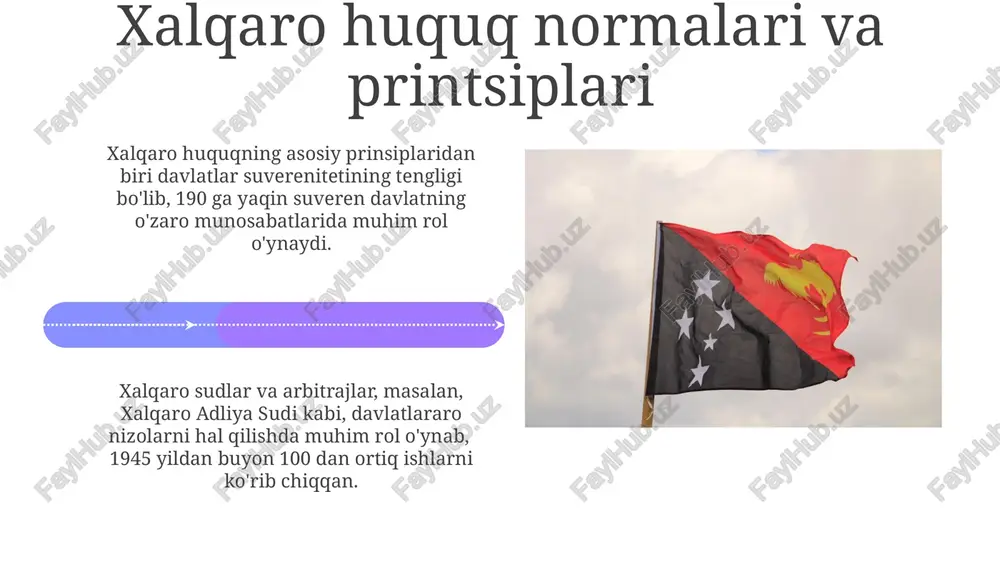 i 24/7 xizmatda bo'lib, texnik vositalar, shu jumladan, kuzatuv tizimlari va zamonaviy qurollar bilan jihozlangan. harbiy suverenitet va mudofaa qobiliyati davlatning harbiy suvereniteti va mudofaa qobiliyati, xalqaro huquq normalari va bmt nizomining 51-moddasi bilan himoyalangan o‘z-o‘zini himoya qilish huquqiga asoslanadi. mudofaa qobiliyati, 3 ta asosiy tarmoqqa: qurolli kuchlar, milliy gvardiya va maxsus kuchlarga bo‘linadi, har birining o‘ziga xos vazifalari va qo‘mondonlik tuzilmalari mavjud. madaniy suverenitet va milliy identifikatsiya milliy identifikatsiya darajasining pasayishi, davlatning madaniy suverenitetiga 15-25% salbiy ta’sir etib, ijtimoiy-siyosiy beqarorlikka olib kelishi mumkin. madaniy suverenitet, 5 ta asosiy element (til, din, an’analar, san’at, adabiyot) orqali milliy identifikatsiyaning mustahkamlanishiga 20-30% ta’sir ko'rsatadi. davlat chegaralarining belgilash va delimitatsiyasi geodezik ma'lumotlar va topografik xaritalardan foydalanib, chegaralarning aniq koordinatalari belgilanadi va bu chegaralarni aniqlashda gps texnologiyalari muhim rol o'ynaydi. davlat chegaralarini belgilash va delimitatsiya qilishda, hududiy suvlar, iqtisodiy zonalar va kontinental shelflardan foydalanish masalalari muhim ahamiyat kasb etadi. e'tiboringiz uchun rahmat @taqdimot_robot image4.jpg …
