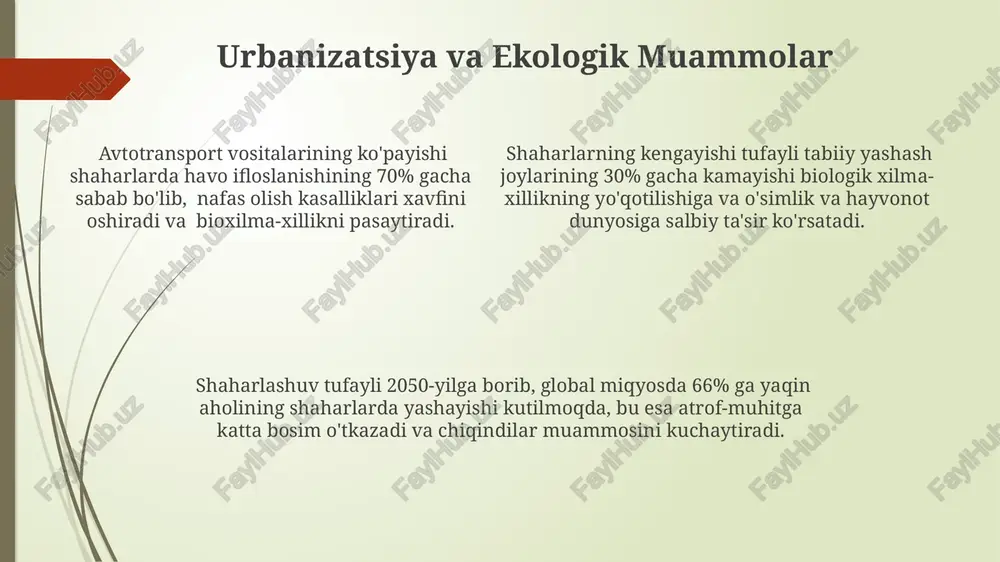 va ekologiyaning o'zaro bog'liqligiga misol bo'lib, ular aholining o'sishi va resurslar taqsimotiga ta'sir qiladi. ekologik omillar, jumladan, ifloslanish darajasi va tabiiy ofatlar, 30 yildan ortiq davr mobaynida demografik ko'rsatkichlarga, xususan, tug'ilish va o'lim darajalariga sezilarli ta'sir ko'rsatadi. migratsiya va ekologik ta'sirlar shaharlarga qilingan katta hajmdagi (500,000 dan ortiq) migratsiya, chiqindi miqdorining 30% ga oshishiga va havo ifloslanishining keskin yomonlashishiga olib keladi. migratsiya oqimi 15% ga oshganda, suv resurslari iste'moli 20% ga ko'payib, ekologik stressni kuchaytiradi. qishloq xo'jaligiga moslashgan hududlardan shaharlarga bo'lgan katta ko'lamli migratsiya, yer degredatsiyasi va biologik xilma-xillikning pasayishiga (10-15% gacha) olib kelishi mumkin. atrof-muhitga antropogen ta'sir inson faoliyati natijasida yuzaga kelgan issiqxona gazlari chiqindilarining 70% dan ortig’i, global isish va iqlim o’zgarishlariga olib kelmoqda. atrofik muhitga antropogen ta’sir natijasida 2020-yilda global miqyosda 1 million turdagi o’simlik va hayvon turlari yo’qolib ketish xavfi ostida qolgan. antropogen ta’sir tufayli o’rtacha 1 gektar yer maydoniga 250 kg dan ortiq azotli o’g’itlar …