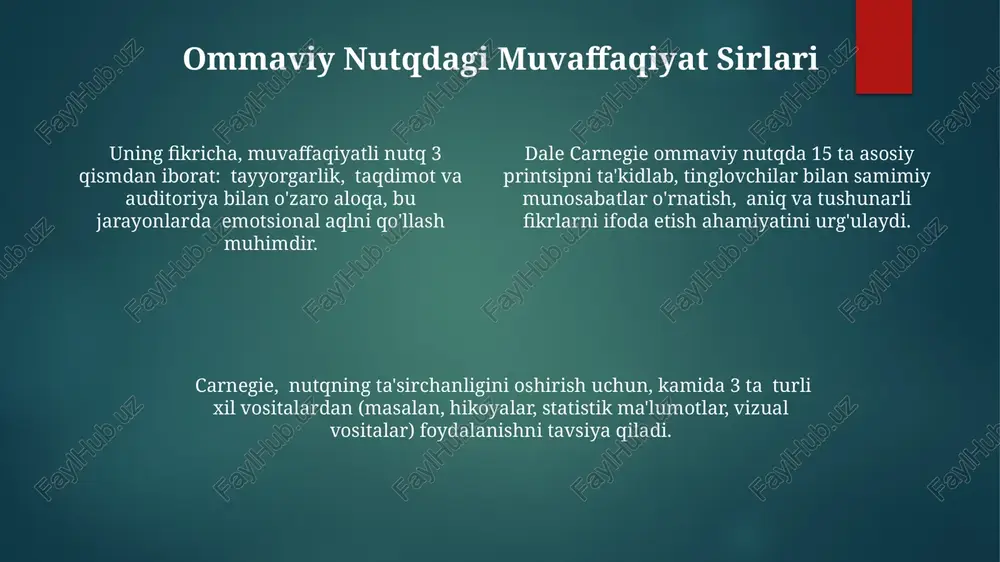 shonch va o'ziga ishonchni rivojlantirish o'ziga ishonchsizlikka qarshi kurashish uchun karnegi 5 bosqichli strategiyani taklif qiladi, bu yerda har bir bosqich muayyan psixologik texnikalar va ijtimoiy munosabatlar usullarini o'z ichiga oladi. karnegi fikricha, ommaviy nutq qo'rquvini yengish uchun 70% tayyorgarlik va 30% esa nutq paytidagi improvizatsiya hisoblanadi; shuning uchun, yaxshi tayyorgarlik o'ziga ishonchni sezilarli darajada oshiradi. karnegi o'zining "odamlarni boshqarish san'ati" kitobida o'ziga ishonchni 10 dan ortiq amaliy mashqlar orqali rivojlantirish usullarini bayon qiladi, jumladan, ijobiy tasavvur va muloqot ko'nikmalarini oshirishni tavsiya etadi. savol-javoblarga tayyorgarlik uning ta'kidlashicha, savollarga javob berishda o'ziga ishongan holda, aniq va qisqa javoblar berish kerak. ortiqcha ma'lumotlar va tafsilotlar tinglovchilarni charchatishi mumkin. carnegie, nutq so'zlash bo'yicha 7 ta asosiy tamoyilni ta'kidlab, savollarga javob berishda 2 dan ortiq fikrni bir vaqtda ifodalashdan qochishni maslahat beradi. bu tinglovchilarning e'tiborini jalb qilish va tushunarli bo'lish uchun muhimdir. carnegie, savollarga javoblarni oldindan tayyorlashni, taxminan 3-5 ta keng tarqalgan savol va …