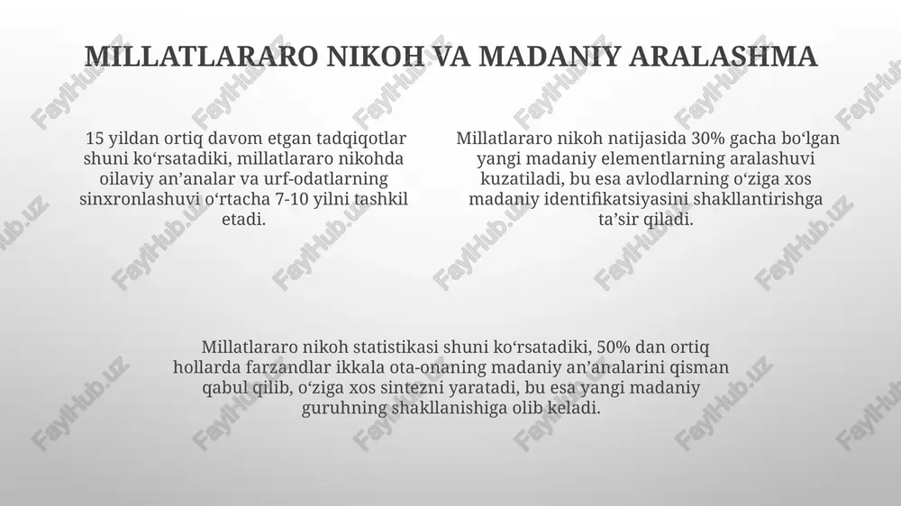 siy omillar madaniy merosning saqlanishiga ta'sir etuvchi omillardan biri – diasporadagi 3 avloddan ortiq oilalarning an'anaviy qadriyatlarini saqlashga bo'lgan qiziqishi va ularning 80% dan ortig'i ona tilini o'rgatishga harakat qilishi. diaspora guruhlari o'rtasida madaniy almashinuv va hamkorlikning 5 ta samarali usuli mavjud bo'lib, ular orasida yillik madaniy festivallar va onlayn platformalarning qo'llanilishi muhim o'rin tutadi. madaniy merosni saqlashga qo'shilgan hissa miqdorining 20% dan ortig'i ta'lim muassasalarining ona tili va madaniyatini o'qitish dasturlarining samaradorligiga bog'liq. madaniy almashinuv va sinxronizatsiya madaniy almashinuv jarayonida diasporalar 20-30% ona tili va an'analarini saqlab qolishga muvaffaq bo'lishadi, qolgan qismi esa mahalliy madaniyatga sinxronlashish yo'lini tanlaydi. madaniy almashinuv va sinxronizatsiyani o'rganishda etnografik tadqiqotlar, statistik ma'lumotlar va ijtimoiy tarmoq tahlillari kabi 3 turdagi metodlardan foydalaniladi. diaspora guruhlari orasida madaniy sinxronizatsiya darajasi yoshiga, ta'lim darajasiga va immigratsiya davomiyligiga bog'liq bo'lib, 5 yildan keyin sezilarli o'zgarishlar kuzatiladi. an'analar va urf-odatlarning davomiyligi millati va madaniyati bilan bog'liq 10 ta asosiy qadriyatni …