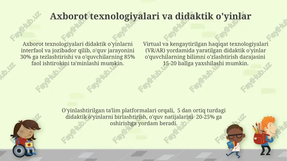 yuqori bilim o'zlashtirishni ta'minlaydi. o'yinlashtirish (gamification) elementlari, masalan, ball to'plash va reyting tizimlari, motivatsiyani 30% ga oshirib, o'qishga bo'lgan qiziqishni kuchaytiradi. o'qitishda o'yinning roli didaktik o'yinlar orqali 5-7 yoshli bolalarda fazoviy tasavvur, mantiqiy fikrlash va muammo yechish ko'nikmalari rivojlanadi, bu esa ta'lim samaradorligini oshiradi. o'yinlar o'quv jarayonini 20-30% ga tezlashtirib, talabalarning bilishga bo'lgan qiziqishini oshiradi va ma'lumotlarni uzoq muddatli xotiraga yaxshiroq joylashishiga yordam beradi. o'yinlar differensial yondashuv imkonini beradi, ya'ni har bir o'quvchi o'z qobiliyatiga moslashtirilgan vazifalarni bajaradi, shu orqali kamida 30% o'quvchilarning akademik ko'rsatkichlari yaxshilanadi. didaktik o'yinlarni yaratish metodologiyasi o'yinni sinovdan o'tkazish va takomillashtirish uchun kamida 20 nafar o'quvchining fikrlari va natijalari tahlil qilinib, o'yinning samaradorligi 4 ball shkalasi bo'yicha baholanadi. o'yin mexanikasi va o'quv mazmunining uyg'unligi, ya'ni o'yinning 70% o'quv materialiga, 30% esa o'yin elementlariga asoslangan bo'lishi muhim pedagogik printsip hisoblanadi. didaktik o'yinlarni yaratishda 3 bosqichli model (tahlil, dizayn, baholash) samarali natijalarga olib keladi, bu jarayonda o'quv maqsadlari …