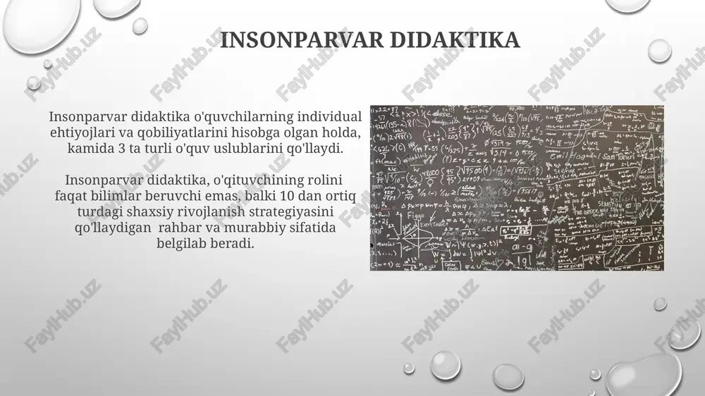 asosiy usulni o'z ichiga oladi. ushbu yondashuvda o'quv jarayonini baholash asosan yakuniy imtihonlar va testlar orqali amalga oshiriladi, bu esa talabalarning haqiqiy bilim va ko'nikmalarini aniqlashda 10% dan kam aniqlikni ta'minlaydi. muammoli ta'lim ta'lim jarayonida muammoli vaziyatlarni 2-3 marta takrorlash orqali o'quvchilarning bilimlarini mustahkamlash va ularni amaliyotga tatbiq etish ko'nikmalarini oshirish mumkin. muammoli ta'limda o'quvchilarning 50% dan ortig'i mustaqil fikrlash va muammolarni hal qilish ko'nikmalarini rivojlantiradi, bu esa bilimlarni chuqurroq o'zlashtirishga olib keladi. xulq-atvor didaktikasi xulq-atvor didaktikasida samaradorlikni oshirish uchun 80/20 qoidasidan foydalaniladi, ya’ni o‘qituvchi vaqtining 80% ni o‘quvchilarning 20% ga bag‘ishlashi kerak, chunki ularning yutuqlari umumiy natijalarga katta ta’sir ko‘rsatadi. xulq-atvor didaktikasi o‘quv jarayonida 3 ta asosiy elementga – stimul, reaksiya va kuchaytirgichga asoslanadi va 20 dan ortiq turdagi kuchaytirgichlardan foydalanish mumkinligini ta’kidlaydi. e'tiboringiz uchun rahmat @taqdimot_robot image3.png image4.jpg image5.jpg image6.jpg image7.jpg image8.jpg image9.jpg image10.jpg image11.jpg image12.jpg image13.jpg image14.jpg image15.jpg image16.jpg image17.jpg image18.jpg image19.jpg image20.jpg image1.png