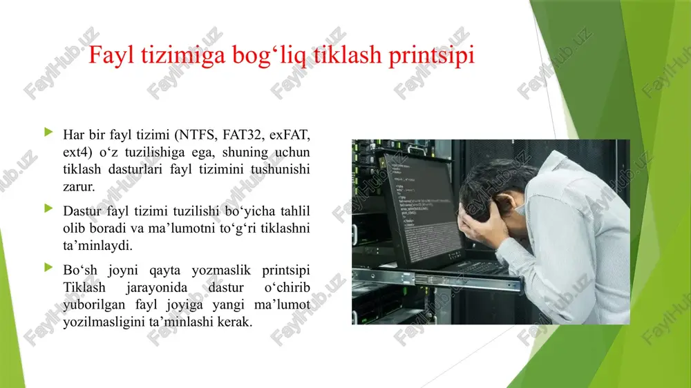 di va faqat keraklilarini tanlash imkonini beradi. bu foydalanuvchiga vaqtni tejash va keraksiz fayllarni tiklamaslik imkonini beradi. xulosa zamonaviy ma’lumotlarni tiklash dasturlari dinamik tahlil, bo‘sh joy qoldiqlarini aniqlash, fragmentlarni birlashtirish, fayl formatini identifikatsiya qilish, xavfsizlik, qurilmaga moslashuv, sun’iy intellekt algoritmlari va real vaqt monitoringi printsiplariga tayangan holda ishlaydi. shu yo‘l bilan ular foydalanuvchining o‘chirib yuborgan yoki zarar ko‘rgan ma’lumotlarini maksimal darajada tiklashga imkon beradi. e’tiboringiz uchun raxmat image1.jpeg image2.jpeg image3.jpeg image4.png image5.png /docprops/thumbnail.jpeg
