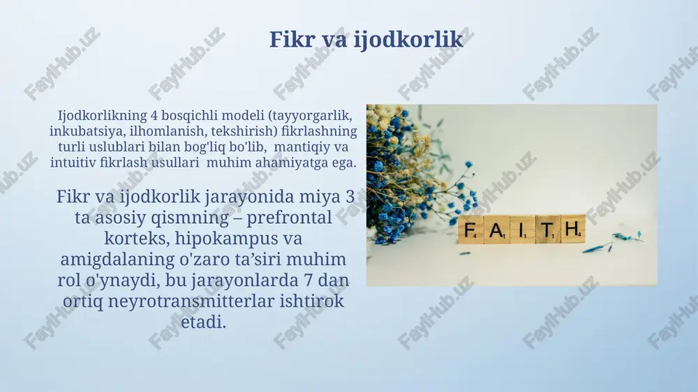 da faol ishtirok etadi, bu esa jamiyat taraqqiyotiga ijobiy ta'sir ko'rsatadi. fikr va madaniyat "fikr va madaniyat" tushunchasi ijtimoiy taraqqiyotning 3 asosiy omili – iqtisodiyot, siyosat va maʼnaviyat bilan uzviy bogʻliqdir. fikr va madaniyat oʻzaro chambarchas bogʻliq boʻlib, 500 dan ortiq ilmiy maqolalar fikrning madaniy rivojlanishga taʼsirini oʻrgangan. fikrlash uslublari fikrlashning 3 asosiy uslubi – analitik, intuitiv va kreativ – har xil muammolarni yechishda turlicha samaradorlik ko'rsatadi, bu esa muayyan vazifalar uchun ma'lum bir uslubni tanlash zarurligini ko'rsatadi. fikrlash jarayonida kamida 5 ta asosiy bosqich – muammoning aniqlanishi, gipotezalar yaratish, ma’lumotlarni tahlil qilish, xulosalar chiqarish va natijalarni baholash – mavjud bo'lib, ularning har biri o'ziga xos xususiyatlarga ega. e'tiboringiz uchun rahmat @taqdimot_robot image4.png image5.jpg image6.jpg image7.jpg image8.jpg image9.jpg image10.jpg image11.jpg image12.jpg image13.jpg image14.jpg image15.jpg image16.jpg image17.jpg image18.jpg image19.jpg image20.jpg image21.jpg image3.jpeg