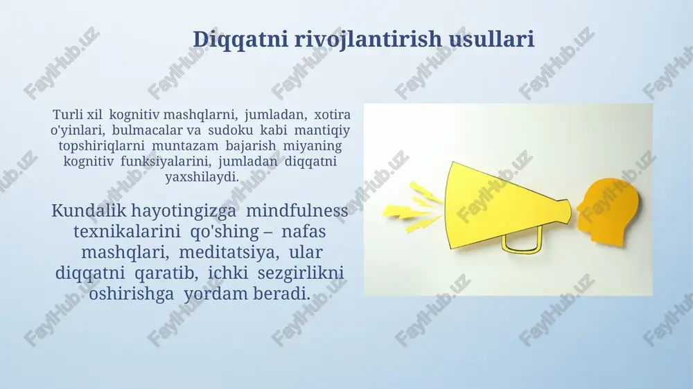 bajarishda xatoliklar sonini kamaytiradi. diqqatning taqsimlanishi diqqatni taqsimlash qobiliyati yoshga, tajribaga va individual farqlarga bogʻliq, baʼzi odamlar bu borada boshqalarga qaraganda ancha yaxshi. diqqatning taqsimlanishi odamning bir vaqtning oʻzida 2-4 ta vazifani bajarish qobiliyatini bildiradi, ammo bu samaradorlikka salbiy taʼsir koʻrsatishi mumkin. ixtiyoriy bo'lmagan diqqat ixtiyoriy bo'lmagan diqqat mexanizmlarida amigdala va gipokampus kabi limbik sistema tuzilmalari muhim ahamiyatga ega bo'lib, ular emotsional reaktsiyalarni qayta ishlashda ishtirok etadi. ixtiyoriy bo'lmagan diqqat, odatda, 150-250 millisekund ichida sezgi organlariga ta'sir etuvchi kuchli yoki noodatiy stimullar tufayli yuzaga keladi va uning faolligi odamning ongiga bog'liq emas. e'tiboringiz uchun rahmat @taqdimot_robot image4.png image5.jpg image6.jpg image7.jpg image8.jpg image9.jpg image10.jpg image11.jpg image12.jpg image13.jpg image14.jpg image15.jpg image16.jpg image17.jpg image18.jpg image19.jpg image20.jpg image21.jpg image3.jpeg