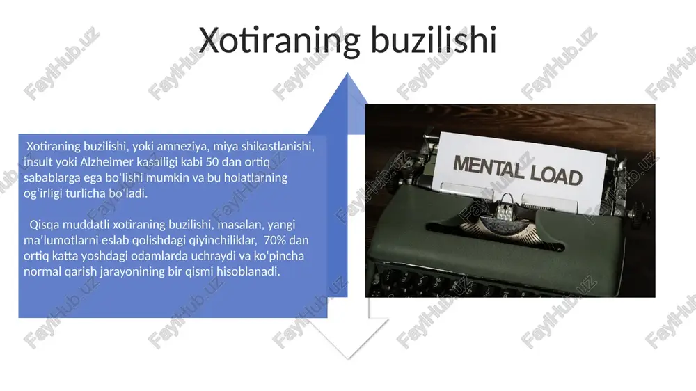 tini hisobga olgan holda, kodlashning samaradorligiga bog'liq. diqqatning psixologik jarayonlari diqqat hajmi, odamning bir vaqtning o'zida qancha ma’lumotni qayta ishlashi mumkinligini (masalan, 7 ± 2 birlik) aniqlashda ishlatiladigan, muhim psixometrik ko'rsatkich hisoblanadi. diqqatning selektivligi, ya’ni 5tadan ortiq stimullar orasidan faqat bittasiga yoki bir nechta muhim stimullarga qaratilishini o'rganish, kognitiv psixologiyaning muhim qismidir. ishchi xotira ishchi xotira faoliyati prefrontal korteks, pariyetal lob va hipokampus kabi miya sohalarining birgalikdagi ishiga bog'liq bo'lib, ularning zararlanishi xotira buzilishiga olib kelishi mumkin. ishchi xotira hajmi va samaradorligi individual farqlarga ega bo'lib, uning rivojlanishi amaliyot va mashqlar orqali yaxshilanishi mumkin, masalan, mnemonik texnikalar yordamida. e'tiboringiz uchun rahmat @taqdimot_robot image4.jpg image5.jpg image6.jpg image7.jpg image8.jpg image9.jpg image10.jpg image11.jpg image12.jpg image13.jpg image14.jpg image15.jpg image16.jpg image17.jpg image3.png image18.jpg image19.jpg image20.jpg image1.jpeg image2.jpeg
