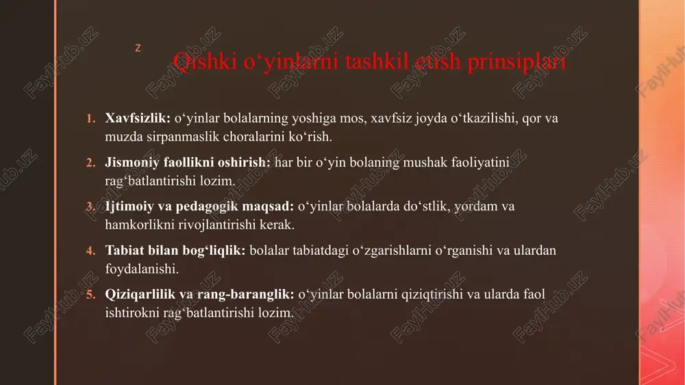 lar jamoaviy ishlash, yordam berish va hamkorlik ko‘nikmalarini mustahkamlaydi. qishki o‘yinlar nafaqat faol harakat va sport mashqlari imkonini beradi, balki ijodiy fikrlashni rivojlantiradi: bolalar qor haykallari yaratish, tabiiy materiallardan foydalanish va rang-barang tasvirlar chizish orqali o‘z ijodini namoyon qiladi. shuningdek, o‘yinlar xavfsizlik, yoshga moslik, qiziqarlik va tabiat bilan uyg‘unlik tamoyillari asosida tashkil etilganda, bolalar qish faslida sog‘lom, faol va ruhiy quvnoq bo‘lish imkoniga ega bo‘ladi. z foydalanilgan adabiyotlar ivanov, a.p. bolalarni tabiat bilan tanishtirish metodikasi. moskva, 2005 yil. petrova, l.v. maktabgacha yoshdagi bolalarda qishki o‘yinlar va faoliyat. sankt-peterburg, 2010 yil. smirnov, v.k. bolalar psixologiyasi va tabiat bilan tanishtirish. moskva, 2008 yil. kuznetsova, n.a. faol o‘yinlar orqali jismoniy rivojlanish. moskva, 2012 yil. sokolov, i.m. qishki mashg‘ulotlar va bolalar salomatligi. moskva, 2011 yil. belova, t.p. maktabgacha ta’limda tabiat fanlari metodikasi. sankt-peterburg, 2009 yil. zakharova, e.v. bolalarni tabiat bilan tanishtirish va ijodiy rivojlanish. moskva, 2013 yil. orlova, a.n. qishki o‘yinlar: nazariya va amaliyot. …