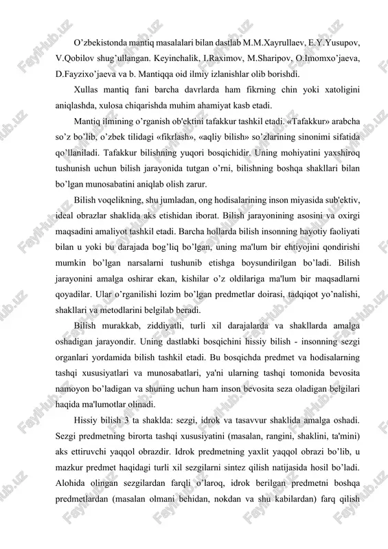 ilishi lozim bo’lgan predmetlar doirasi, tadqiqot yo’nalishi, shakllari va metodlarini belgilab beradi. bilish murakkab, ziddiyatli, turli xil darajalarda va shakllarda amalga oshadigan jarayondir. uning dastlabki bosqichini hissiy bilish - insonning sezgi organlari yordamida bilish tashkil etadi. bu bosqichda predmet va hodisalarning tashqi xususiyatlari va munosabatlari, ya'ni ularning tashqi tomonida bevosita namoyon bo’ladigan va shuning uchun ham inson bevosita seza oladigan belgilari haqida ma'lumotlar olinadi. hissiy bilish 3 ta shaklda: sezgi, idrok va tasavvur shaklida amalga oshadi. sezgi predmetning birorta tashqi xususiyatini (masalan, rangini, shaklini, ta'mini) aks ettiruvchi yaqqol obrazdir. idrok predmetning yaxlit yaqqol obrazi bo’lib, u mazkur predmet haqidagi turli xil sezgilarni sintez qilish natijasida hosil bo’ladi. alohida olingan sezgilardan farqli o’laroq, idrok berilgan predmetni boshqa predmetlardan (masalan olmani behidan, nokdan va shu kabilardan) farq qilish imkonini beradi. tasavvur esa avval idrok etilgan predmetning obrazini ma'lum bir signallar (berilgan predmet bilan ma'lum bir umumiylikka ega bo’lgan) ta'sirida miyada qayta hosil …
