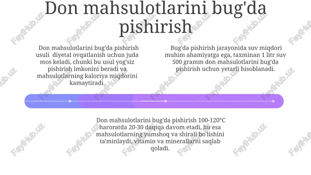 har 2 soatda bir marta qo'llarni dezinfektsiyalash va ish joylarini tozalash zarur. donli ekinlarni yig'ib-terish va tozalash 01 02 03 tozalash jarayonida don tarkibidagi 5-7% begona o't urug'lari va boshqa aralashmalarni ajratish maqsadga muvofiqdir, bu sifatni oshiradi. donli ekinlarni yig'im-terim paytida 10% gacha yo'qotish kuzatiladi, shuning uchun samarali texnologiyalar va malakali ishchi kuchidan foydalanish muhim. donli ekinlarni quritishda namlik miqdori 14% dan oshmasligi kerak, aks holda saqlash paytida mog'orlanish va sifatning pasayishi xavfi yuqori. sales 1st qtr 2nd qtr 100 0 sales 1st qtr 2nd qtr 100 0 sales 1st qtr 2nd qtr 100 0 donli mahsulotlarni duxovkada pishirish donli mahsulotlarni duxovkada pishirish vaqti va harorati ularning hajmi va zichligiga bog'liq bo'lib, katta va zich mahsulotlar uchun 30-40 daqiqa vaqt kerak bo'lishi mumkin. donli mahsulotlarni 180-200°c haroratda 20-25 daqiqa davomida pishirish ularning ichki qismining yaxshi pishib yetishini va tashqi qismining oltin rangda qizarishini ta'minlaydi. yog'li donli mahsulotlarni pishirishdan oldin, 1 …