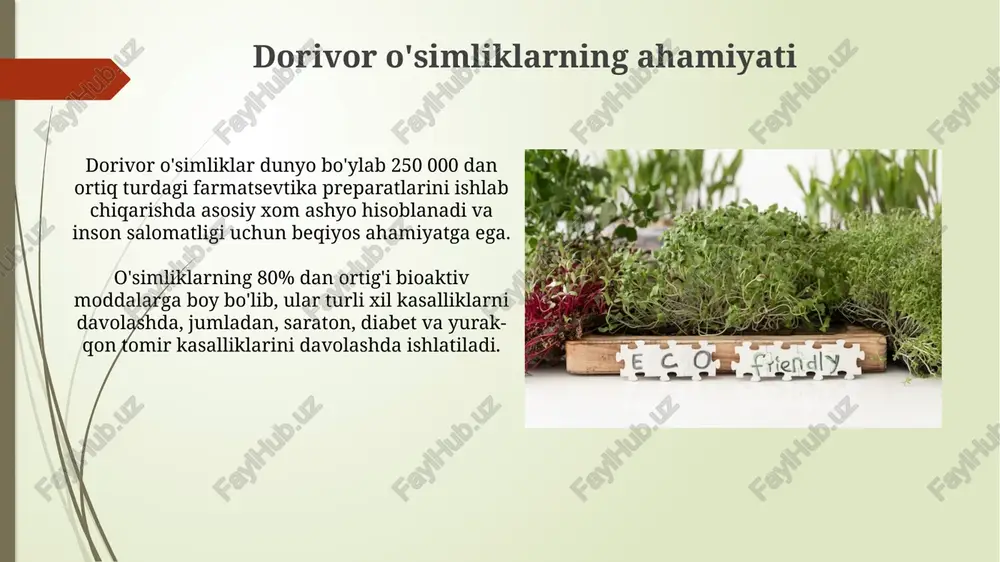 lar va tadbirkorlar uchun 20% gacha subsidiyalar berish orqali iqtisodiy rag'batlantirishni kuchaytirish maqsadga muvofiq. biotexnologiya yordamida dorivor o'simliklarning noyob navlarini ko'paytirish va ularning genetik xilma-xilligini saqlash bo'yicha 10 ta loyihani qo'llab-quvvatlash kerak. dorivor o'simliklarni oqilona ishlatish dorivor o'simliklarni ekish va yetishtirish bo'yicha fermer xo'jaliklarini qo'llab-quvvatlash orqali 2025 yilgacha yovvoyi o'simliklarga bo'lgan talabni 15% ga kamaytirish mumkin. dorivor o'simliklarning 30% dan ortig'i yo'qolib ketish xavfi ostida bo'lib, ularning oqilona yig'ib olinishi va ko'paytirilishi bioxilma-xillikni saqlashga yordam beradi. jamoatchilikni xabardor qilish va ta'lim bioxilma-xillikni saqlash bo'yicha 5 yillik milliy dastur doirasida dorivor o'simliklarni muhofaza qilishga oid ommaviy axborot vositalari kampaniyalarini amalga oshirish zarur. maktab o'quv dasturlariga 10 dan ortiq dorivor o'simliklarni o'rganishni kiritish orqali yosh avlodni ekologik savodxonlikka o'rgatish muhim. e'tiboringiz uchun rahmat @taqdimot_robot image1.jpg image2.jpg image3.jpg image4.jpg image5.jpg image6.jpg image7.jpg image8.jpg image9.jpg image10.jpg image11.jpg image12.jpg image13.jpg image14.jpg image15.jpg image16.jpg image17.jpg