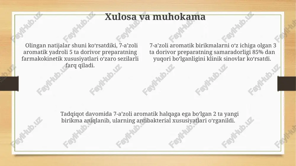 ini davolashda samarali. skopolamin esa 0.25-0.5 mg dozalarda qoʻllanilib, antiemetik va spazmolitik ta’sir koʻrsatadi va sayohat kasalligi, qayt qilishni oldini olishda samarali. tropan alkaloidlari, masalan, atropin va skopolamin, 7-a’zoli tropan yadrosiga ega boʻlib, ularning 30 dan ortiq tabiiy hosilalari mavjud. benzotropin va siklobenzaprinning farmakologik xususiyatlari benzotropinning yarim chiqish davri siklobenzaprinnikidan ancha uzunroq, taxminan 24 soatni tashkil etadi, bu esa kuniga bir marta qabul qilishga imkon beradi. siklobenzaprin skelet mushaklarining spazmini 50-70% ga kamaytiradi, bu uning alfa-2 adrenergik retseptorlar bilan o'zaro ta'sirini ko'rsatadi va markaziy nerv tizimini bostiradi. benzotropin muskarin retseptorlarining antagonisti bo'lib, uning m1-m5 subtiplariga nisbatan turli xil birikish afzalligi mavjud, bu esa uning terapevtik samaradorligiga ta'sir qiladi. kelajakdagi tadqiqotlar yo'nalishlari in silico usullar yordamida 7-a'zoli aromatik yadroli birikmalarning 50 dan ortiq turli xil oqsillar bilan bog'lanish affinitatini aniqlash va potentsial terapevtik maqsadlarni aniqlashga qaratilgan tadqiqotlar o'tkaziladi. turli xil 7-a'zoli aromatik halqali tuzilmalarga ega bo'lgan kamida 10 ta yangi dorivor …
