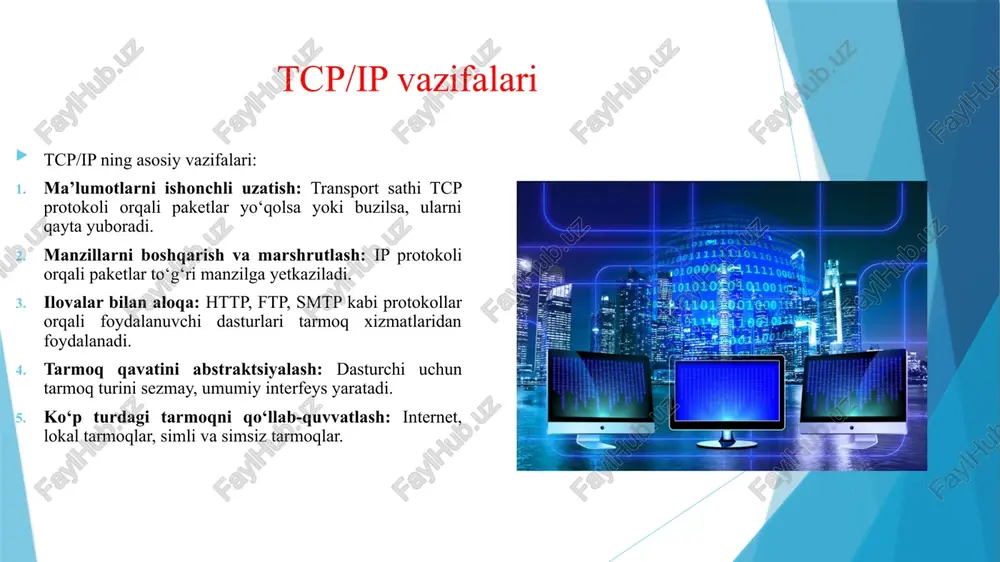 lash, paketlar yo‘qolganligini tekshirish va diagnostika qilish uchun ishlatiladi. bu sath tarmoqni global darajada ishlashini ta’minlaydi va paketlarni optimal yo‘l orqali yetkazadi. tarmoq ulanish sathi fizik tarmoq orqali ma’lumotlarni uzatish va qabul qilishni boshqaradi. ethernet, wi-fi, arp kabi protokollar bu sathda ishlaydi. shu sath tarmoq qurilmalari orasida paketlarni yetkazadi, manzilni aniqlaydi va signal uzatishni ta’minlaydi. tcp/ip modelining asosiy vazifalari quyidagilar: ma’lumotlarni ishonchli uzatish, paketlarni manzilga yetkazish, tarmoqning turli texnologiyalarini birlashtirish, foydalanuvchi dasturlarini tarmoq xizmatlari bilan bog‘lash, tarmoq holatini nazorat qilish va xatoliklarni aniqlash. tcp/ip protokollari tarmoqning turli sathlarida ishlaydi: ilova sathida http, ftp, smtp, dns; transport sathida tcp va udp; internet sathida ip va icmp; tarmoq ulanish sathida ethernet, wi-fi va arp. har bir protokol o‘zining aniq vazifasini bajaradi va tarmoqning samarali ishlashini ta’minlaydi. xulosa xulosa qilganda, tcp/ip modeli internet va kompyuter tarmoqlarining asosiy ishlash tamoyilini tashkil etadi. u to‘rt sathdan iborat bo‘lib – ilova, transport, internet va tarmoq ulanish …
