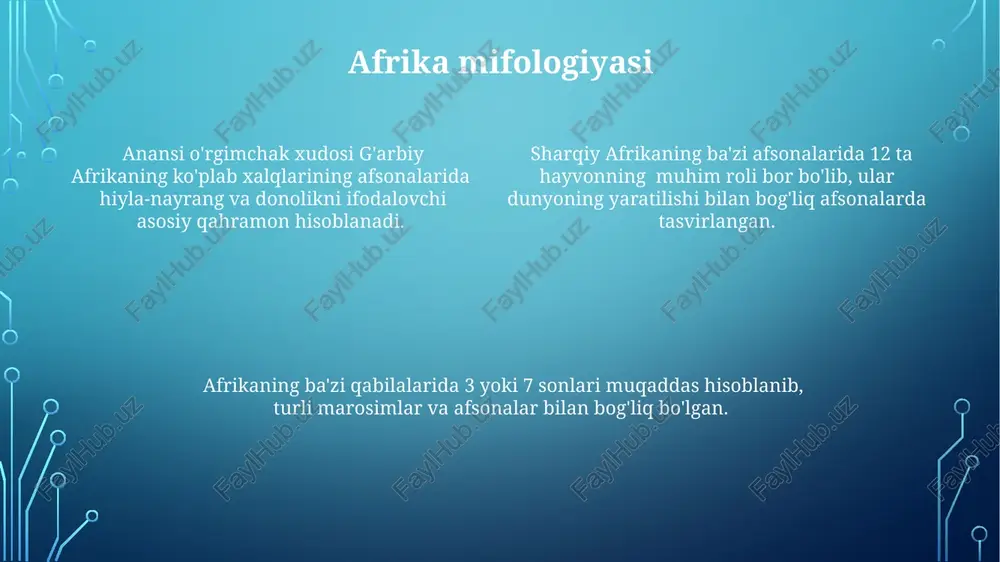 va ki (yer xudosi) hisoblangan. ularning o'rtasida enlil, havo xudosi hukmronlik qilgan. shimoliy yevropa mifologiyasi skandinav miflarida ragnarok – xudolar va ulkanlar oʻrtasidagi halokatli jang – dunyoning qayta tugʻilishidan oldin sodir boʻladigan muhim voqea sifatida tasvirlanadi. shimoliy yevropa miflarida dunyo uch qatordan – asgard (xudolar dunyosi), midgard (odamlar dunyosi) va niflheim (oʻliklar dunyosi) – iborat deb tasvirlanadi. shimoliy yevropa mifologiyasida 12 asosiy xudo, jumladan odin, tor va frigg kabi kuchli shaxslar mavjud boʻlib, ularning har biri oʻziga xos vazifalar va kuchlarga ega edi. hind mifologiyasi ramayana va mahabharata kabi hind epik she'rlari, minglab yillar davomida avloddan-avlodga o'tib kelayotgan, ko'plab xudolar va sehrli mavjudotlar haqida hikoyalarni o'z ichiga oladi. hind mifologiyasida 330 milliondan ortiq xudolar mavjudligi haqidagi afsona keng tarqalgan bo'lib, ular turli xil pantheonga bo'lingan. hind mifologiyasida qayta tug'ilish va karma tushunchalari, inson hayotining 4 bosqichi (ashrama) bilan bog'liq bo'lgan muhim diniy va falsafiy konseptlar hisoblanadi. yunon mifologiyasi troya urushi, …