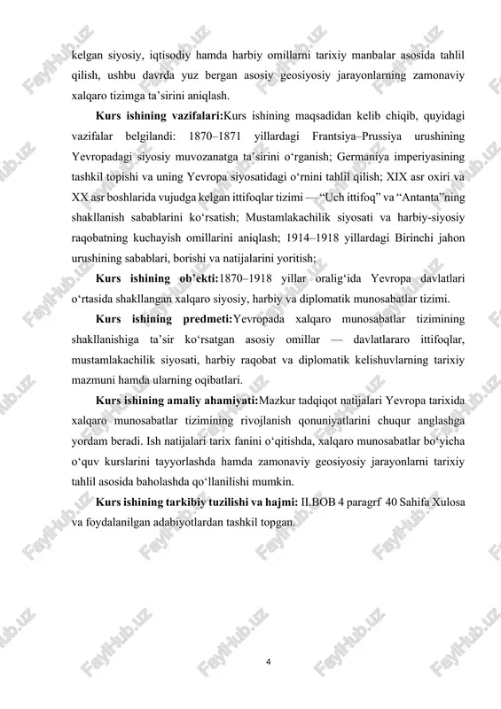 l bilan turli ittifoqlar tuzish siyosatini yuritdi.[footnoteref:1] [1: anderson, m. s. evropaning yuksalishi: 1815-1914. london: longman, 2003 yil.] 1873 yilda germaniya, avstriya-vengriya va rossiya o‘rtasida “uch imperator ittifoqi” (dreikaiserbund) tuzildi. bu ittifoqning asosiy vazifasi yevropada inqilobiy harakatlarning oldini olish, frantsiyani siyosiy jihatdan yolg‘izlashtirish hamda bolqon yarimorolida rossiya va avstriya manfaatlarini muvofiqlashtirish edi. biroq bolqon masalasidagi kelishmovchiliklar tufayli bu ittifoq uzoq davom etmadi. 1878 yilgi berlin kongressi natijalari rossiya bilan germaniya va avstriya-vengriya o‘rtasida sovuqlikni keltirib chiqardi. natijada bismark yangi siyosiy yo‘nalishga o‘tdi — 1879 yilda germaniya va avstriya-vengriya o‘rtasida “ikki tomonlama ittifoq” tuzildi. bu ittifoq germaniya diplomatiyasi uchun muhim burilish bo‘lib, 1882 yilda italiya ham unga qo‘shildi. shu tariqa tarixda mashhur bo‘lgan “uch ittifoq” (triple alliance) tizimi shakllandi. uch ittifoq a’zolari o‘zaro himoya majburiyatini oldilar: agar ulardan biriga tashqi hujum bo‘lsa, qolgan ikki davlat harbiy yordam ko‘rsatishi lozim edi. bu ittifoq germaniyaga frantsiyaga qarshi siyosatda ishonchli tayanch berdi, avstriya-vengriya esa …