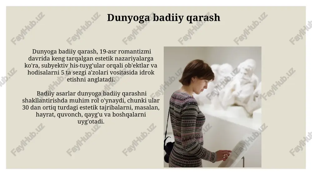 k tarbiya va san'at 100 dan ortiq turdagi san'at asarlarini tahlil qilish orqali o'quvchilarning estetik idroki va ijodiy fikrlash qobiliyati sezilarli darajada, o'rtacha 30% ga oshadi, deb taxmin qilinadi. san'at asarlari orqali estetik didni rivojlantirish jarayoni 3 bosqichdan iborat: idrok etish, tahlil qilish va baholash, har bir bosqich o'ziga xos bilimlar va ko'nikmalarni talab qiladi. san'atning turli shakllari va ularning ta'siri musiqa va raqs kabi vaqtga bog'liq san'at turlari, 7 dan ortiq ritmik va melodik elementlar orqali inson his-tuyg'ulariga va estetik qarashlariga kuchli ta'sir ko'rsatadi, bu esa hissiy idrokni boyitadi. grafik dizayn va fotografiya kabi vizual san'atning zamonaviy shakllari, 1000 dan ortiq turli uslub va texnikalarni o'z ichiga olib, jamiyatning estetik standartlarini shakllantirishda va global madaniy almashinuvda muhim rol o'ynaydi. kelajakda san'atning o'rni sun'iy intellekt algoritmlari yordamida yaratilgan generativ san'at asarlari soni yillik 20% ga o'sib borib, estetik me'yorlarga yangicha qarashni va badiiy ijodning chegaralarini kengaytiradi. virtual va kengaytirilgan reallik …