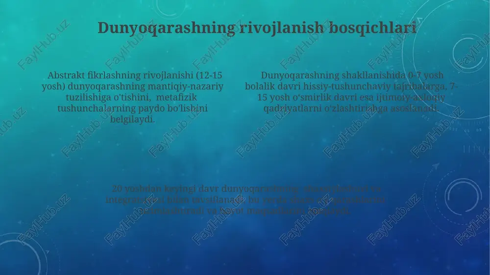 riyatlar haqida) va ontologik (mavjudot haqida) – ijtimoiy munosabatlarning shakllanishiga 70% gacha ta’sir ko‘rsatadi. zamonaviy dunyoda dunyoqarashning ahamiyati dunyoqarashning mustahkamligi, shaxsning psixologik barqarorligi va ijtimoiy moslashuvchanligini 20-30% ga oshirib, stressga chidamliligini yaxshilaydi. axborot texnologiyalari davrida, dunyoqarash 5 milliarddan ortiq odamning fikrlash uslubini, qarorlar qabul qilishini va ijtimoiy munosabatlarini shakllantiradi. zamonaviy dunyoda, globalizatsiya jarayonlari kuchaygan sharoitda, kamida 3 ta asosiy madaniyat vakillarini tushunish uchun keng qamrovli dunyoqarash muhim ahamiyat kasb etadi. dunyoqarashning mohiyati nima? dunyoqarashning mohiyati – bu insonning hayotiy maqsadlari, qadriyatlari va 10 dan ortiq turli xil e’tiqodlari bilan ifodalanadigan uning borliqqa boʻlgan munosabatining butunligini aks ettirishdir. insonning dunyoqarashi uning 5 ta hissiy idrokdan (koʻrish, eshitish, hid bilish, taʼm bilish, teginish) olgan maʼlumotlariga, shuningdek, ijtimoiy-madaniy omillarga bogʻliq holda shakllanadi. dunyoqarash – bu insonning olamga, oʻziga va boshqalarga boʻlgan munosabatini aks ettiruvchi 3 ta asosiy qismdan (epistemologik, aksiologik va ontologik) iborat murakkab tizimdir. dunyoqarashning funksiyalari: axloqiy me'yorlarni shakllantirish insonning dunyoqarashi uning …