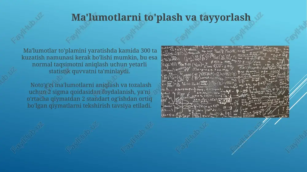 ishlatiladi. normal taqsimot simmetrik bo'lib, o'rtacha qiymati, mediani va modi bir xil nuqtada joylashgan. uning egri chizig'i qo'ng'iroq shaklida bo'ladi. ma'lumotlar modellashtirishga kirish ma'lumotlar modellashtirishda, 0.05 dan past bo'lgan p-qiymati statistik jihatdan ahamiyatli farqni bildiradi va modellarning mos kelish darajasini baholaydi. ma'lumotlar modellashtirish jarayonida 20 dan ortiq turdagi ehtimollik taqsimotlari qo'llanilishi mumkin, ularning tanlanishi ma'lumotlarning xususiyatlariga va modellashtirish maqsadlariga bog'liq. tegishli taqsimotni tanlash tegishli taqsimotni tanlashda ma'lumotlarning tarqalish shaklini (masalan, simmetrik yoki qiyshiq), o'rtacha qiymati va standart og'ishini hisobga olish kerak, chunki bu parametrlar turli xil taqsimotlarni aniqlaydi. agar ma'lumotlar 0 dan yuqori qiymatlarni qabul qilsa va o'ngga qiyshiq bo'lsa, ehtimol gamma yoki eksponentsial taqsimotlar mos keladi. ularning parametrlari ma'lumotlarga mos ravishda moslashtiriladi. e'tiboringiz uchun rahmat @taqdimot_robot image1.jpg image2.jpg image3.jpg image4.jpg image5.jpg image6.jpg image7.jpg image8.jpg image9.jpg image10.jpg image11.jpg image12.jpg image13.jpg image14.jpg image15.jpg image16.jpg image17.jpg
