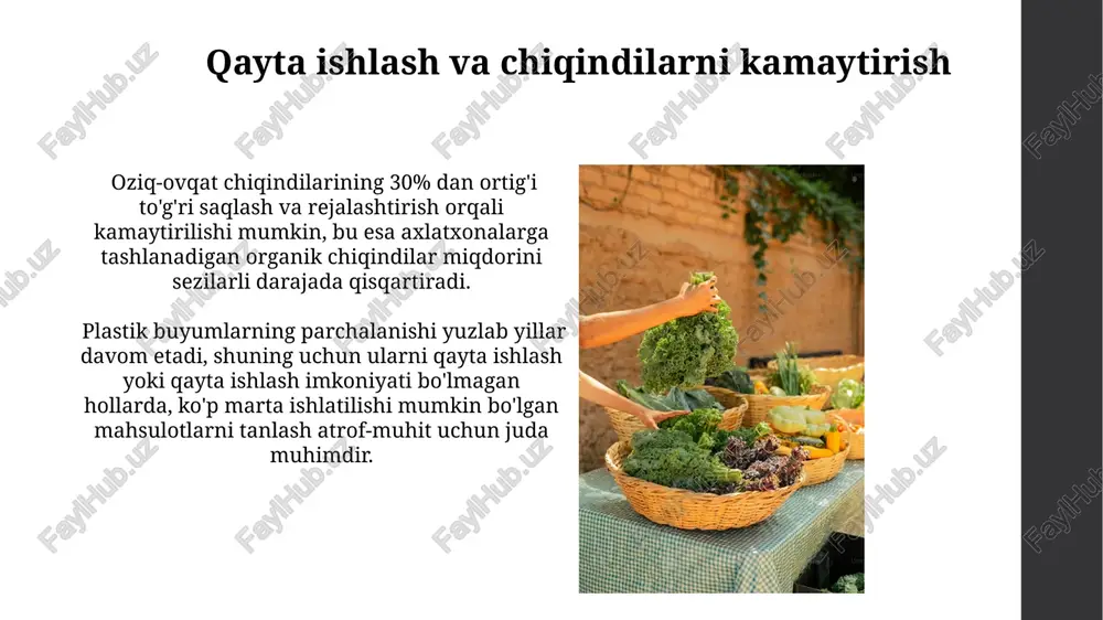 a tabiiy dori-darmonlarning samaradorligi, o'rtacha 60% gacha, individual farqlarga va qo'llanilish usuliga bog'liq. ba'zi tabiiy dorilar, masalan, s-vitaminiga boy mevalar, immunitet tizimini 20-30% gacha mustahkamlaydi. oʻsimliklarning sogʻliq uchun foydalari meva va sabzavotlarning muntazam isteʼmoli yurak-qon tomir kasalliklari xavfini 30% ga kamaytiradi, chunki ular tarkibida muhim vitaminlar va minerallar mavjud. kuniga kamida 5 ta turli xil rangdagi oʻsimliklarni isteʼmol qilish organizmni turli xil fitonutrientlar bilan taʼminlab, sogʻlom hujayra faoliyatini qoʻllab-quvvatlaydi. ekologik ong va sogʻlom turmush tarzini shakllantirish ekologik toza mahsulotlar iste'mol qilish, masalan, organik sabzavot va mevalarni kunlik ratsionning kamida 50% ini tashkil etishi sog'lom ovqatlanishning muhim qismidir. uy sharoitida suvni tejash va chiqindilarni qayta ishlash kabi oddiy ekologik amallarni qo'llash, uglerod izini 10-15% gacha kamaytirib, atrof-muhitga ijobiy ta'sir ko'rsatadi. toza havo va uning ahamiyati havoning ifloslanishi nafas yoʻllari kasalliklari, masalan, astma va pnevmoniya xavfini 2-3 barobar oshiradi va yurak-qon tomir kasalliklariga olib kelishi mumkin. yashil maydonlar va daraxtlar karbonat angidridni …