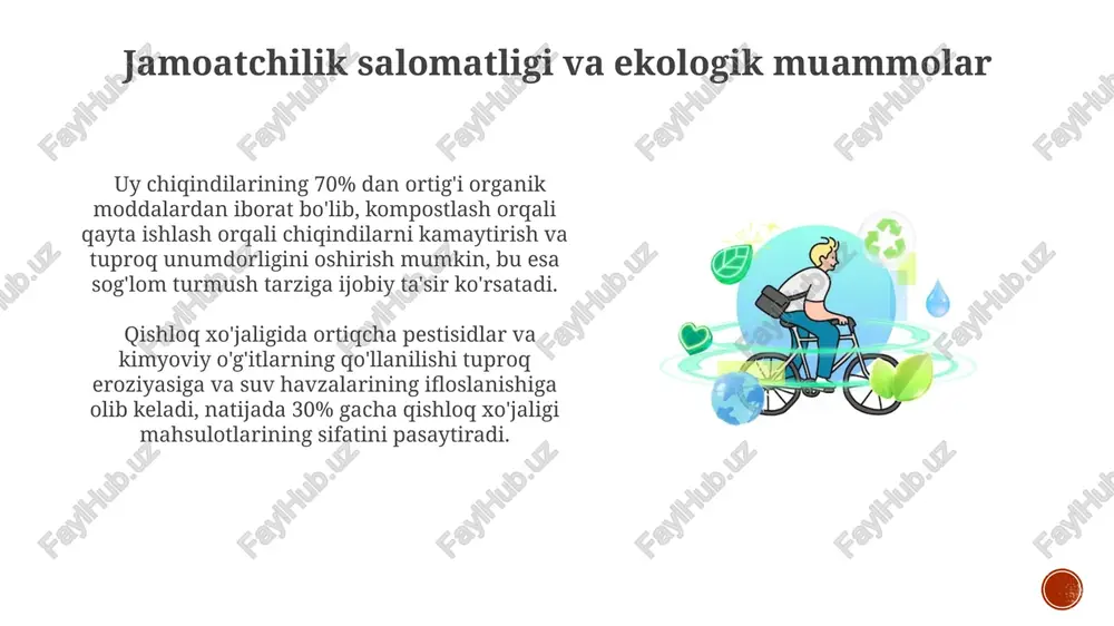 beradi. sog'lom ovqatlanish uchun kunlik 5 meva va sabzavot iste'mol qilish tavsiya etiladi, bu immunitetni mustahkamlaydi va organizmni zararli moddalardan himoya qiladi, ekologik toza mahsulotlar tanlash esa bu jarayonda juda muhim. toza havo va uning ahamiyati toza havo nafas olish tizimini himoya qilishdan tashqari, immunitetni mustahkamlaydi, stressni kamaytiradi va umumiy farovonlikni yaxshilaydi, bu esa sog'liqni saqlashni yaxshilashga yordam beradi. toza havo tarkibida 21% kislorod bo'lib, inson organizmi uchun zarur bo'lgan energiya ishlab chiqarish jarayonlarida muhim rol o'ynaydi, shuningdek, hujayralarni kislorod bilan ta'minlaydi. ekologik ong va sog'lom turmush tarzini shakllantirish kundalik hayotda 30 daqiqadan kam bo'lmagan jismoniy mashqlar bilan shug'ullanish, ayniqsa, toza havo muhitida, nafaqat jismoniy, balki ruhiy sog'lomlikni ham yaxshilaydi va ekologik muvozanani saqlashga hissa qo'shadi. ekologik toza mahsulotlar iste'mol qilish, masalan, organik sabzavot va mevalarni haftasiga kamida 5 marta iste'mol qilish, organizmni zararli kimyoviy moddalardan himoya qiladi va sog'lom ovqatlanishga hissa qo'shadi. toza suvning sog'liq uchun foydasi toza suv …