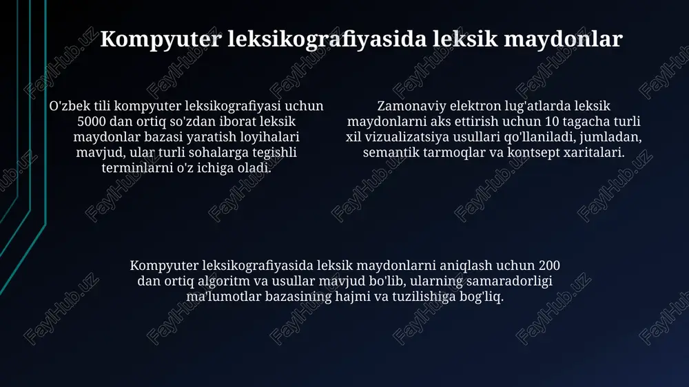 niqlashda kontekstual tahlil va semantik tarmoqlarni qo'llash orqali 15-20% ga yaqin aniqlik bilan natijalar olish mumkin, lekin bu jarayon murakkab algoritmlarni talab qiladi. korpus lingvistikasi va leksik maydonlar uzbek tili korpusida 500 ga yaqin leksik maydon aniqlangan boʻlib, bu maydonlarning har biri oʻziga xos semantik xususiyatlarga ega va turli sohalarga tegishli. leksik maydonlarni aniqlashda korpus ma'lumotlaridan foydalanish, soʻzlar orasidagi semantik munosabatlarni 3 turdagi yaqinlik koeffitsiyentlari yordamida aniqlashga yordam beradi. korpus lingvistikasi orqali 10 000 dan ortiq soʻz birligining leksik maydonini aniqlash va tahlil qilish imkoniyati mavjud boʻlib, bu soʻzlarning kontekstual qoʻllanilishini koʻrsatadi. sinonimiya va antonimiya lug'atlarda antonimlarning turli turlari (qo'shimcha, qarama-qarshi, gradatsion) taqdim etilishi leksik maydonning to'liq tasvirini beradi. sinonimlar va antonimlarning kontekstdagi ma'nolarini tushuntirishda 5-10 ta misol jumla keltirish foydalidir. elektron lug'atlarda sinonimlar va antonimlarni aniqlashda 2-3 ta ma'lumotnoma manbasidan foydalanish aniqlikni oshiradi va xatoliklarni kamaytiradi. leksik maydonlarni avtomatlashtirilgan tahlili leksik maydonlarni tahlil qilish jarayonida kontekstga asoslangan usullarni qo'llash …