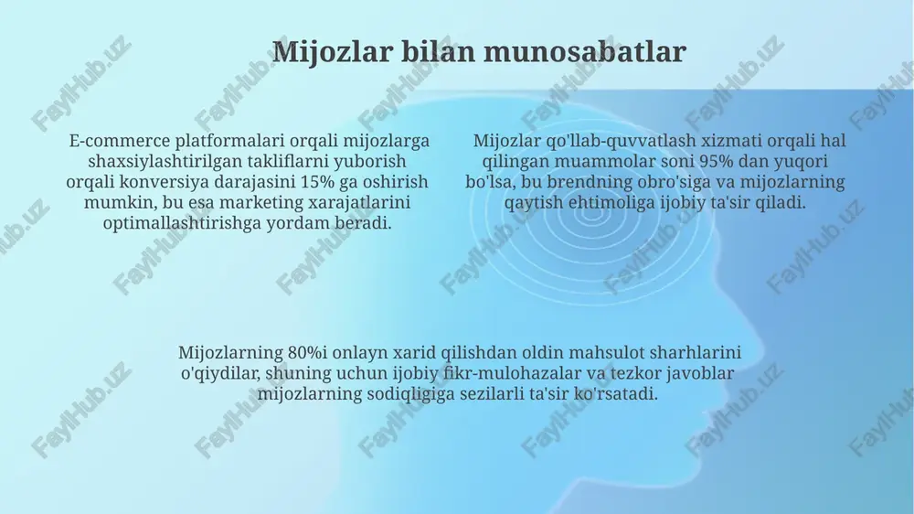 sbati 5% ni tashkil qilishi mumkin. e-tijoratda reklamaga 1000 dollar sarflash marketingga 500 dollar sarflashdan 2 baravar ko'proq mijozlarni jalb qilishi mumkin, lekin konversiya stavkalari marketing strategiyasiga bog'liq. muvaffaqiyatli elektron tijorat uchun maslahatlar o'rtacha savat tarkibiy qismiga 3-5 ta mahsulot qo'shilishi sotuvlarni 20% ga oshirishi mumkin, shuning uchun kross-sotish va upselling strategiyasini qo'llang. elektron pochta marketingi orqali mijozlar bilan aloqani saqlab qolish va ularga maxsus takliflarni yuborish orqali 30% gacha konversiyani oshirish mumkin. mijozlarning 80% dan ortig'i onlayn xarid qilishdan oldin mahsulot sharhlarini o'qiydi, shuning uchun ijobiy va haqiqiy fikr-mulohazalarni rag'batlantirish muhim ahamiyatga ega. elektron tijorat platformalari o'rtacha konvertatsiya darajasi (cr) elektron tijorat platformalarida 2-5% ni tashkil etadi, bu esa marketing strategiyalarini takomillashtirish va foydalanuvchi tajribasini yaxshilash zarurligini ko'rsatadi. elektron tijorat platformalarining 70% dan ortig'i mobil qurilmalar orqali foydalanuvchilarga xizmat ko'rsatadi, bu esa responsiv dizayn va optimallashtirishning muhimligini ta'kidlaydi. elektron tijorat platformalarida to'lov tizimlarining xavfsizligi va ishonchliligi juda muhim, chunki …