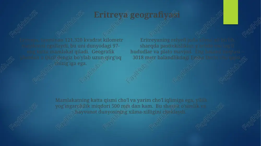 lda italiyaning koloniyaga aylantirilishi bo'lib, bu 30 yildan ortiq davom etgan va mamlakatning iqtisodiy va siyosiy tuzilishiga jiddiy ta'sir ko'rsatgan. 1993 yilda eritreyaning efiopiyadan mustaqilligi e'lon qilinganidan keyin, mamlakat o'ziga xos konstitutsiyaviy tuzumni o'rnatdi, biroq siyosiy va iqtisodiy sohalarda turli xil muammolar saqlanib qoldi. eritreyaning mustaqillik uchun kurashi 1961 yildan boshlanib, 30 yildan ortiq davom etgan qurolli to'qnashuvlar bilan belgilangan va bu jarayonda minglab odamlar halok bo'lgan. eritreya bilan munosabatlar 2000-yillardan buyon eritreyadagi siyosiy va iqtisodiy vaziyat tufayli ikki davlat o'rtasidagi hamkorlik cheklangan holda davom etmoqda, investitsiyalar miqdori kam. eritreya bilan madaniy almashinuv dasturlari cheklangan, lekin ta'lim sohasidagi hamkorlik imkoniyatlari, masalan, 10-15 nafar talaba almashinuvi bo'yicha kelishuvlarga erishish mumkin. eritreya bilan diplomatik aloqalar 1993 yilda o'rnatilgan bo'lib, savdo hajmi yil sayin o'rtacha 5-7 million aqsh dollarini tashkil etadi, ammo potentsial juda yuqori. eritreya turizmi dengiz boʻyidagi kurortlar va tarixiy joylar, masalan, asmara shahri va uning art deco meʼmorchiligi, turizmning asosiy …