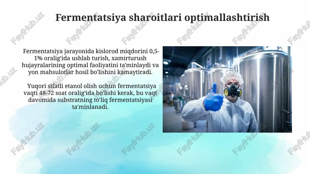 c atrofida) spirtni ajratib olish imkonini beradi, bu esa energiya tejashga va sifatni yaxshilashga yordam beradi. rektifikatsiya jarayoni rektifikatsiya jarayoni 96% dan yuqori spirtli ichimliklar olish uchun qo‘llaniladi, bu jarayon ko‘p bosqichli ustunlarda amalga oshiriladi va yuqori tozalikdagi etanolni ajratib olishga imkon beradi. ushbu jarayon, taxminan 78,4°c qaynash temperaturasiga ega bo‘lgan etanolni, suvda erigan boshqa birikmalardan ajratishga imkon beradi, natijada yuqori konsentratsiyali etanol olinadi. e'tiboringiz uchun rahmat @taqdimot_robot image2.jpg image3.jpg image4.jpg image5.jpg image6.jpg image7.jpg image8.jpg image9.jpg image10.jpg image11.jpg image12.jpg image13.jpg image14.jpg image15.jpg image16.jpg image17.jpg image18.jpg image1.png