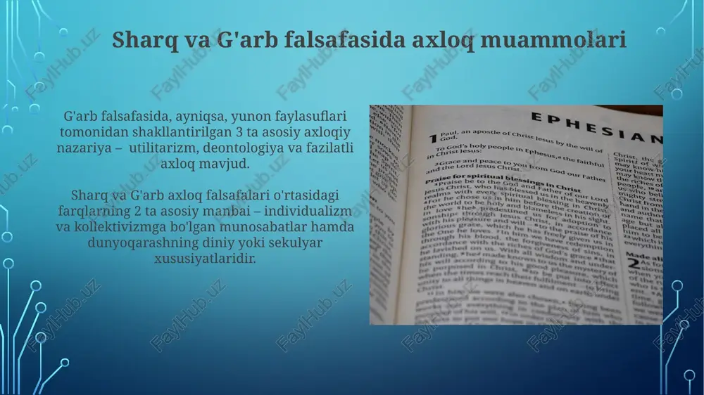 t muammolari sharq falsafasida, xususan, konfutsiylik va daosizmda davlat boshqaruvi 5 ta asosiy printsipga asoslangan bo'lib, ular adolat, insonparvarlik, ta'lim va ma'naviy rivojlanishni o'z ichiga oladi. o'rta asr sharq va g'arb falsafasida siyosiy nazariyalar diniy e'tiqodlar bilan chambarchas bog'liq bo'lib, xalifa va papa hokimiyatining 2 xil modellarini taqdim etadi. sharq va g'arb falsafasining mohiyatini ta'riflashga kirish sharq falsafasidagi 7 ta asosiy maktab – buddizm, hinduizm, konfutsiylik va boshqalar – mohiyatni anglashda turli-tuman metafizik tushunchalarni taklif qiladi, g'arb falsafasidan farqli ravishda. sharq va g'arb falsafasining mohiyatini tushunishda 2 ta asosiy metodologiya – ratsionalizm va intuitivizm – muhim rol o'ynaydi, ularning har biri 3 ta turli yondashuvni o'z ichiga oladi. yangi davr evropa falsafasining mohiyati 18-asr ma'rifatparvarligi davrida inson huquqlari va demokratiya g'oyalari yangi evropa falsafasining muhim tarkibiy qismlaridan biri bo'lib, ijtimoiy va siyosiy o'zgarishlarga turtki bo'lgan. immanuel kant singari mutafakkirlarning transcendental idealizmi yangi davr evropa falsafasida bilish nazariyasiga yangicha yondashuvni olib …