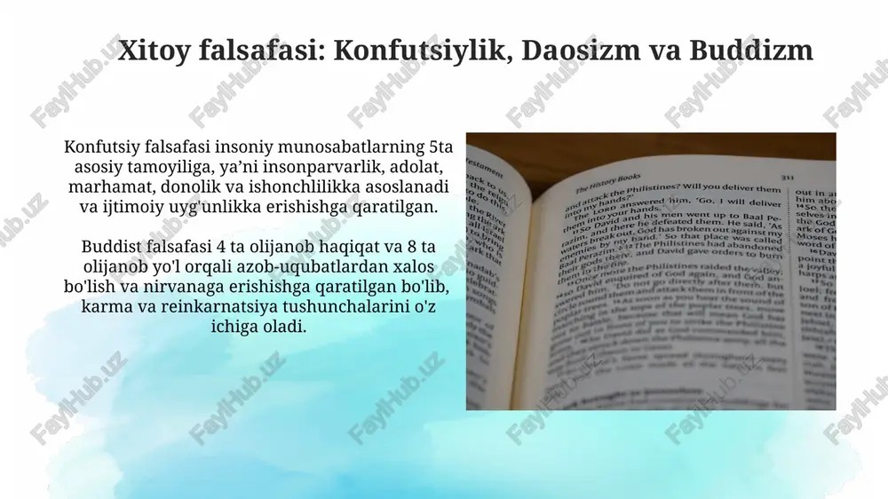 onstruksiya qilishga harakat qiladi. yangi davr g'arb falsafasi: ratsionalizm va empirizm yangi davr gʻarb falsafasida ratsionalizm 17-asrda, aql va mantiqni bilimlarning asosiy manbai deb hisoblagan dekart va spinoza kabi mutafakkirlar tomonidan rivojlantirildi. ratsionalizm va empirizm oʻrtasidagi 2 asosiy farq, bilimning manbai (aql yoki tajriba) va bilimning isbotlash usullarida (deduksiya yoki induksiya) namoyon boʻladi. qadimgi yunon falsafasi: asosiy yo'nalishlar qadimgi yunon falsafasida sof aqldan foydalanib, dunyo va inson haqidagi umumiy prinsiplarni aniqlashga harakat qilgan 3 ta yirik maktab mavjud edi: platonizm, aristotelchilik va stoitsizm. qadimgi yunon falsafasining asosiy yo'nalishlaridan biri – materializm bo'lib, u tabiatni birlamchi deb hisoblab, 4 ta element (yer, suv, havo, olov)dan iborat deb ta'kidlagan. islom falsafasi: asosiy vakillari va qarashlari islom falsafasining asosiy vakillari yunon falsafasining boy tajribasiga tayanib, uni islom diniy qarashlari bilan uygʻunlashtirishga harakat qilib, oʻziga xos falsafiy maktablarni yaratganlar. islom falsafasining 8-13-asrlar davrida avitsenna, farobiy, gʻazoliy kabi yirik mutafakkirlar tomonidan ontologiya, epistemologiya va axloq …