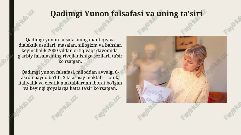 tegoriya – aql va tajribani birlashtirishga harakat qildi. g'arb falsafasida, ayniqsa, 17-18-asrlardagi ratsionalizm davrida, falsafa aniq fanlarga o'xshash, mantiqiy va matematik usullar bilan o'rganiladigan ob'ektiv haqiqatni izlash sifatida qaraldi. yangi davr falsafasi va uning asosiy vakillari yangi davr falsafasi 17-asrda, asosan ratsionalizm va empirizm kabi ikki yirik yo'nalishlar bilan ifodalangan bo'lib, 3 asosiy davrga bo'linadi. yangi davr falsafasi insonning o'ziga, ongiga va dunyoni anglash usullariga qaratilgan bo'lib, naturalizm va gumanizm g'oyalari rivojiga turtki bo'ldi. sufizm va uning falsafiy jihatlari sufizm, 8-asrda paydo bo'lib, islom falsafasining muhim qismiga aylandi va 12 ta asosiy maktabga bo'lingan. sufiylikda tasavvuf, taqlid va taqlidning 3 bosqichi orqali insonning allohga yaqinlashishi va uni bilish jarayoni muhim ahamiyatga ega. xx asr falsafasi va uning xilma-xilligi sharq va g'arb falsafasidagi 20-asr'dagi epistemologik yondashuvlarning xilma-xilligi, pozitivizm va postpozitivizm kabi 3 ta asosiy oqimlarni o'z ichiga oladi. 20-asrda paydo bo'lgan postmodernizm sharq va g'arb falsafasiga ta'siri jihatidan, 4 ta asosiy …