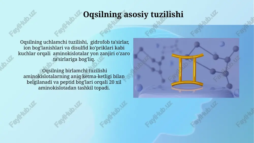 ment ingibitorlari ferment faolligini kamaytiradi, raqobatchi ingibitorlar km ni oshiradi, lekin vmaks ni o'zgartirmaydi, 10-100 mkm kontsentratsiyasida sezilarli ta'sir ko'rsatishi mumkin. ferment kinetikasida mixaelis-menten tenglamasi ferment-substrat kompleksining hosil bo'lishi va parchalanishini tasvirlaydi, km (mixaelis konstantasi) 10⁻⁶ m dan 10⁻² m gacha bo'lishi mumkin. ikkilamchi tuzilish va o'zaro ta'sirlar ikkilamchi tuzilma α-spiral va β-burmalar kabi muntazam takrorlanuvchi elementlardan tashkil topgan bo'lib, ular vodorod bog'lari orqali o'zaro bog'langan va fermentning faol markazining shakllanishida muhim rol o'ynaydi. fermentlarning ikkilamchi tuzilmasidagi aminokislotalar ketma-ketligi ularning uchlamchi tuzilmasi va shuningdek, substratlar bilan o'zaro ta'sirini belgilaydi, ya'ni 20 ga yaqin turdagi aminokislotalarning turli kombinatsiyalari mavjud. e'tiboringiz uchun rahmat @taqdimot_robot image2.jpg image3.jpg image4.jpg image5.jpg image6.jpg image7.jpg image8.jpg image9.jpg image10.jpg image11.jpg image12.jpg image13.jpg image14.jpg image15.jpg image16.jpg image17.jpg image18.jpg image1.png