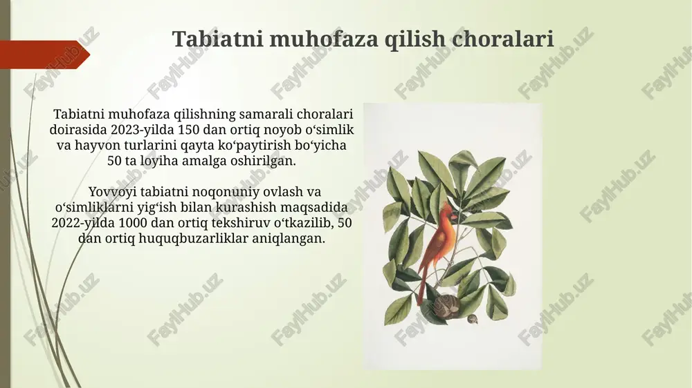 cho'l mintaqalarida uchraydi va ularning genofondini saqlash juda muhim ahamiyatga ega. yo'qolib ketish xavfi ostida turgan qushlar o'zbekistonning "qizil kitobi"dagi qushlarning 30% dan ortig'i o'rmon va botqoqliklardagi yashash muhitlarining kamayishi natijasida xavf ostida. ularning ko'payishi uchun maxsus muhofaza qilinadigan hududlar zarur. qizil kitobga kiritilgan ba'zi qush turlarining populyatsiyasi 100 dan kam juftni tashkil etadi, bu esa ularning tezda yo'qolib ketish xavfini oshiradi. bu turlar orasida "burgut" oilasiga mansub turlar ham bor. kelajakdagi istiqbollar tabiiy muhitning buzilishi va brakonyerlik tufayli yo'qolib ketish xavfi ostida turgan 20 ta tur uchun samarali himoya choralari 2030-yilga qadar amalga oshiriladigan bo'lsa, ularning soni 10% ga oshadi. qizil kitobga kiritilgan 150 ga yaqin o'simlik va hayvon turlarining 20 yildan keyingi populyatsiyasi prognozlariga ko'ra 50% ga kamayishi mumkin. qizil kitobning ahamiyati qizil kitobdagi ma'lumotlar, tabiatni muhofaza qilish choralari va davlat dasturlarini ishlab chiqishda asosiy manba hisoblanib, ularning samaradorligini baholashga yordam beradi. noyob turlar sonining kamayish tendensiyasini aniqlash …